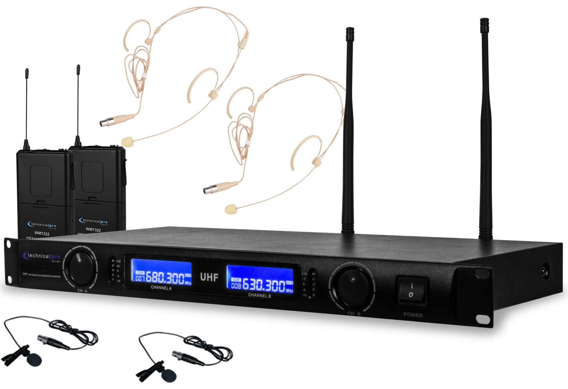 Professional UHF Wireless Microphone System - Dual Lapel & Headset Mics with XLR, LCD Display & LED Meter for Live Performances, Public Speaking, Church Services & Events