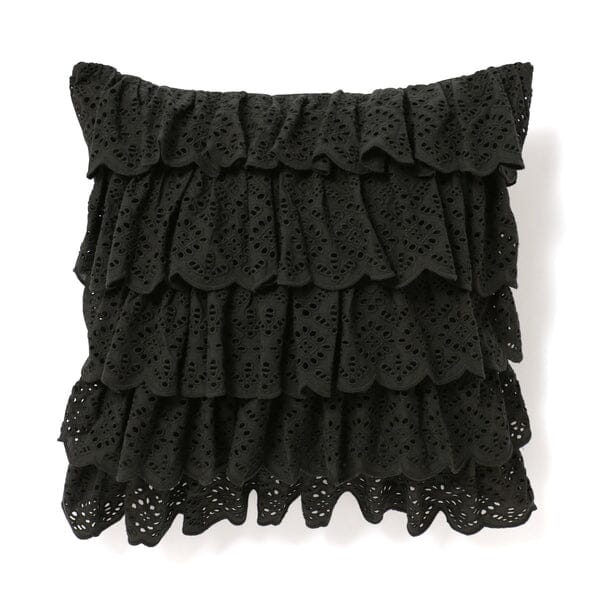 Embroidered Lace Frill Cushion Cover 18x18 Inches Black - Elegant Sofa Throw Pillow Case for Living Room, Bedroom Decor