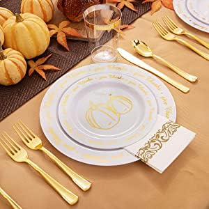 200-Piece Thanksgiving Dinnerware Set - Gold Plastic Plates, Silverware, Cups & Napkins for Fall Parties | Elegant Disposable Tableware for Thanksgiving Feast, Holiday Gatherings & Autumn Celebrations