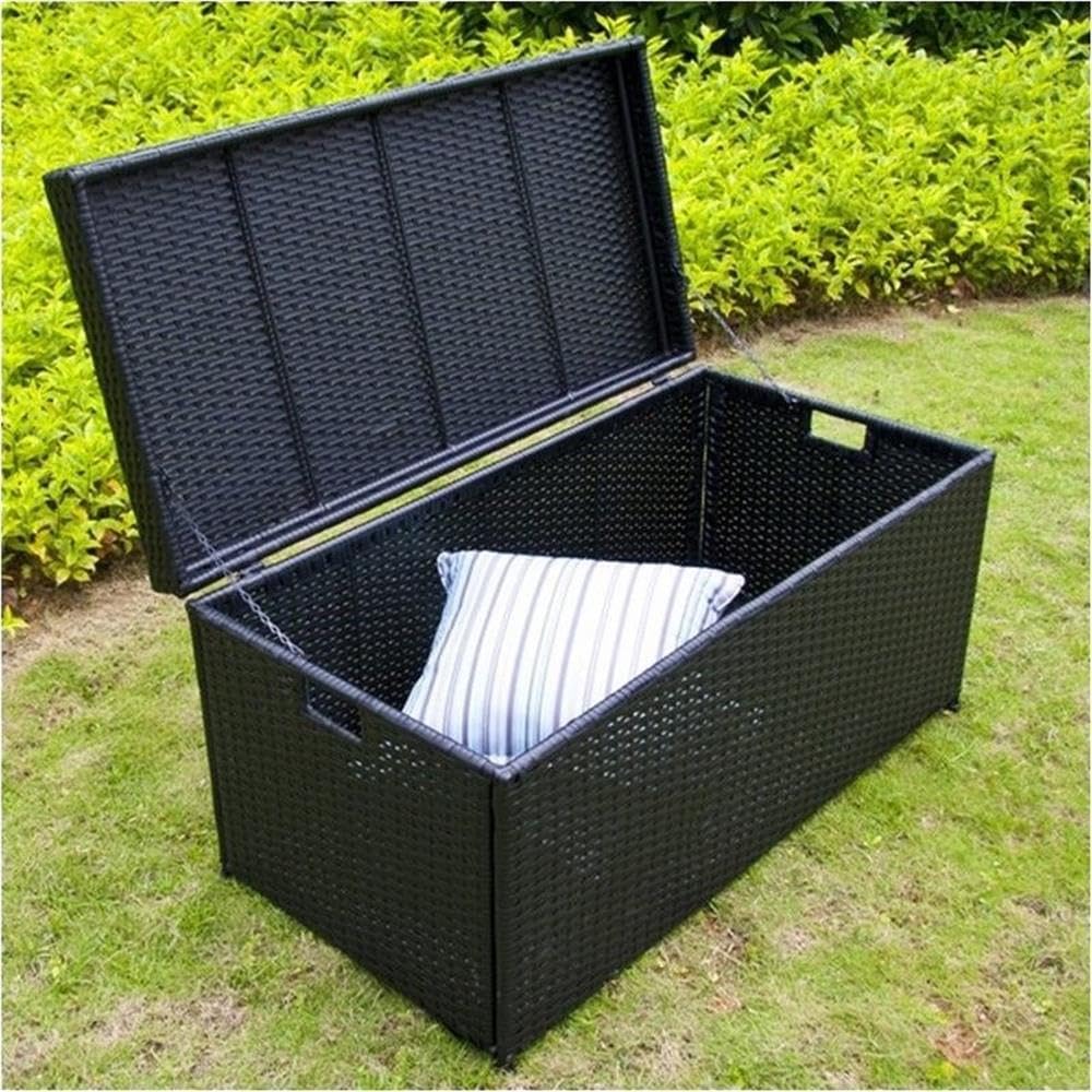 BOWERY HILL Black Wicker Rattan Patio Storage Deck Box with Durable Steel Frame - Outdoor Furniture for Garden, Poolside, and Backyard Organization