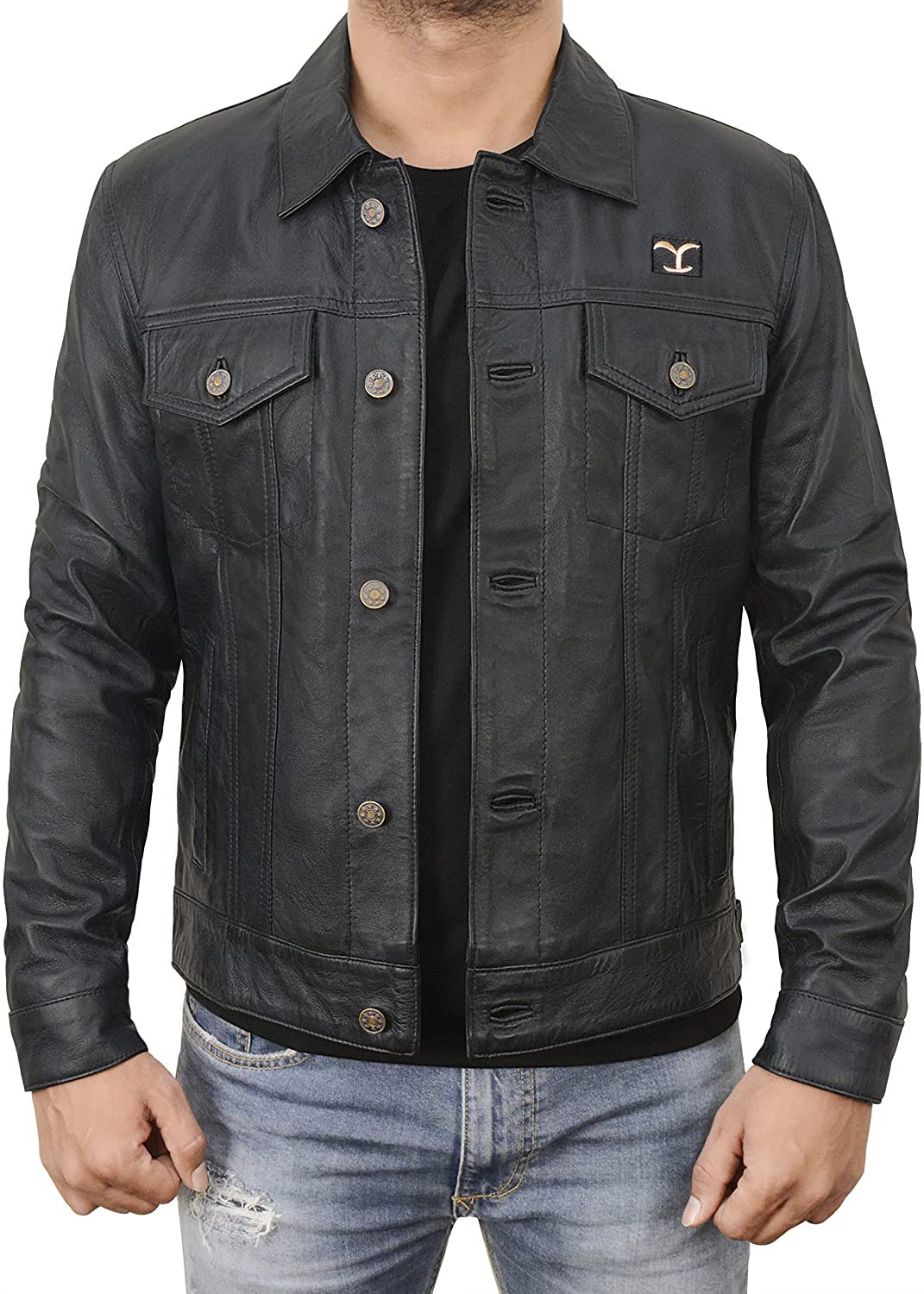 **Men's Slim Fit Genuine Lambskin Leather Trucker Jacket - Shirt Style Button Closure - Casual & Work Wear**    *(Perfect for Everyday Outfits, Office Wear, and Outdoor Adventures)*
