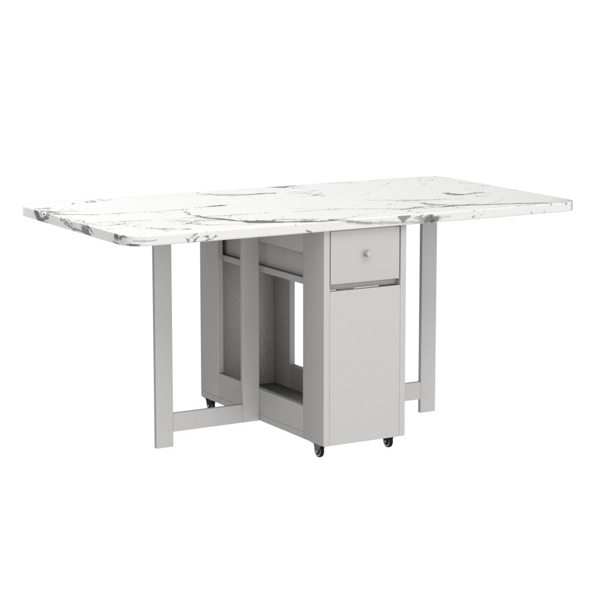 FUNROLUX White Folding Dining Table with Rack & 2 Storage Drawers - Extendable Space Saving Kitchen Table with 3 Adjustable Forms | Perfect for Small Apartments, Studio Kitchens & Compact Living Spaces