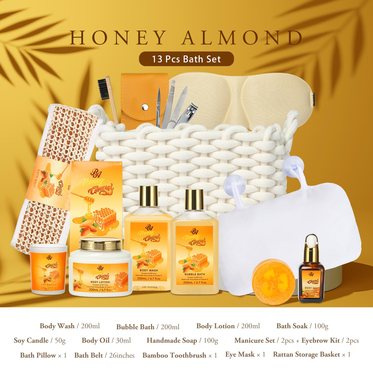 Luxury 13-Piece Spa Gift Set for Women - Honey Almond Scented Bath & Body Care Kit with Body Wash, Bubble Bath, Bath Soak & Manicure Set | Perfect Birthday Gift for Mom, Wife, Her | Relaxing Home Spa Experience & Self-Care Retreat