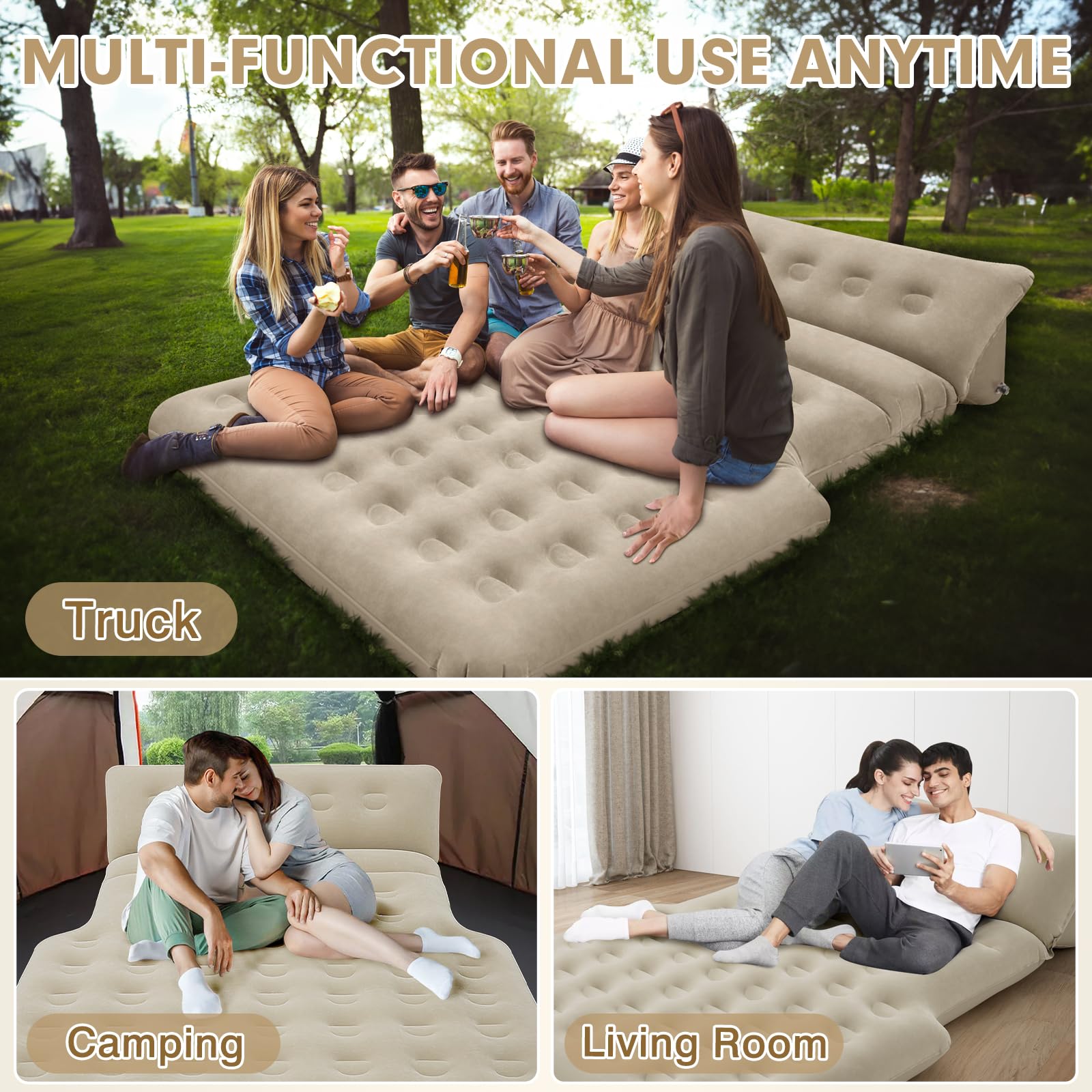 2025 Upgraded Truck Bed Air Mattress for 5.5-6.5Ft Full-Size Trucks | Inflatable Mattress with Built-in Pillow | Adjustable Camping Air Bed for Short Truck Beds | Perfect for Outdoor Adventures, Road Trips & Home Use (Beige)