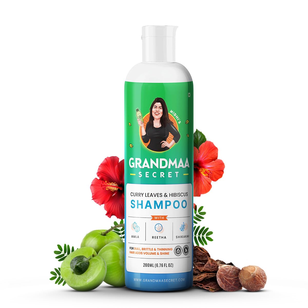 NIDHI’S GRANDMAA SECRET Herbal Shampoo for Hair Fall Control | Natural Anti-Dandruff Shampoo with Curry Leaves & Hibiscus | Frizzy & Damaged Hair Repair | Paraben & Sulphate Free | 200mL | Perfect for Daily Hair Care Routine at Home or Salon