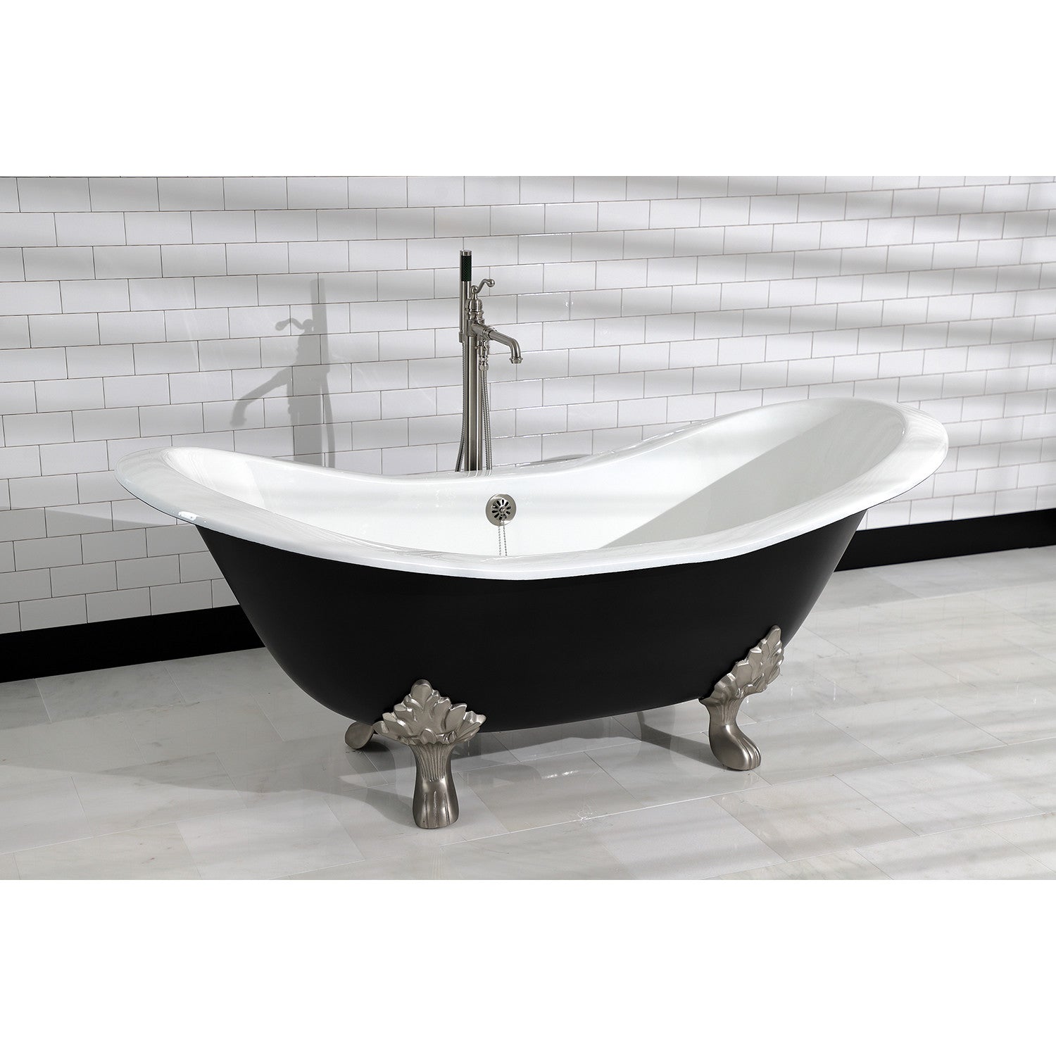 Aqua Eden 72 Inch Cast Iron Oval Double Slipper Clawfoot Bathtub - No Faucet Drillings - Black/White/Brushed Nickel - Vintage Freestanding Soaking Tub for Bathroom Remodel & Luxury Spa Retreat