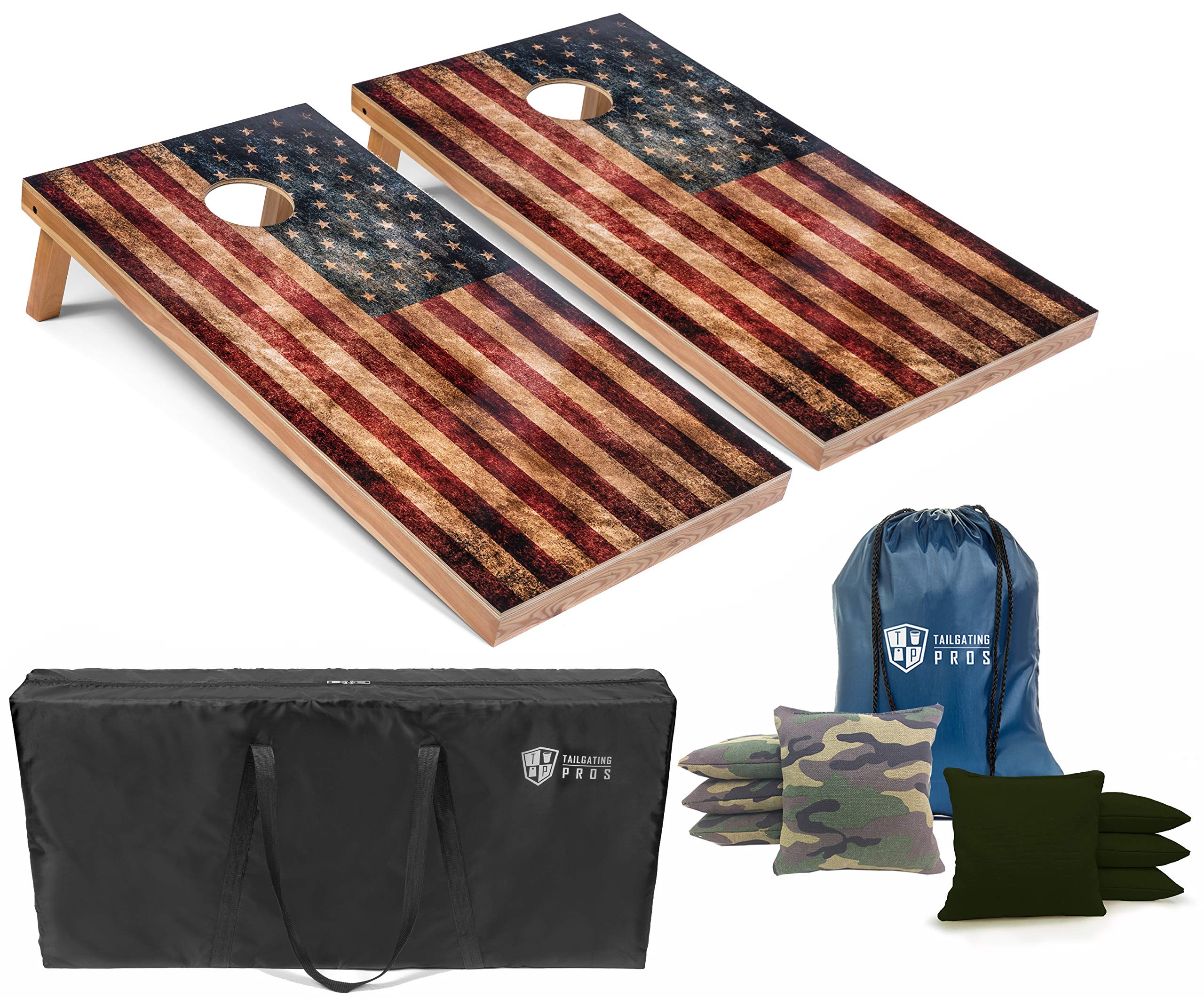 Rustic American Flag Cornhole Game Set with LED Ring & Carrying Case - 4'x2' Distressed Wooden Boards & 8 Bean Bags - Perfect for Tailgating, Backyard BBQs, and Outdoor Parties