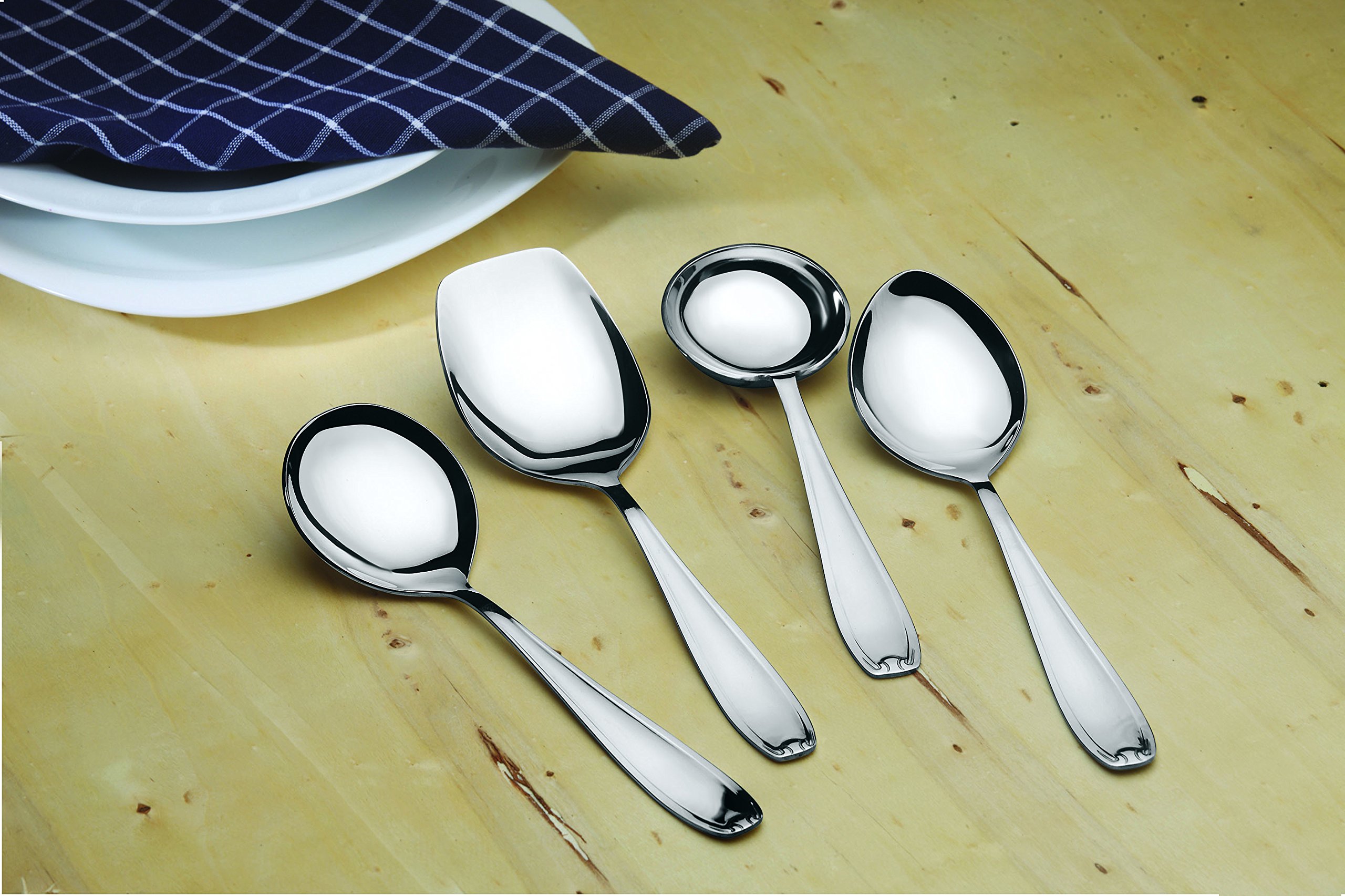Premium Stainless Steel Serving Spoon Set - 4-Piece Heavy Duty 2mm Thick (Ladle, Square, Oval & Round Spoons) for Rice, Soup, Gravy - Elegant Dining & Buffet Serving Utensils