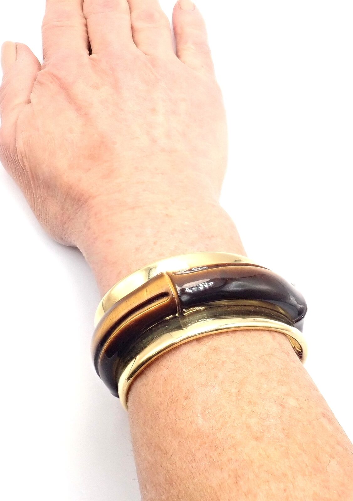 Authentic Tiffany & Co 18K Yellow Gold Tiger Eye Bangle Cuff Wide Bracelet for Women - Luxury Statement Jewelry for Parties, Weddings & Special Occasions