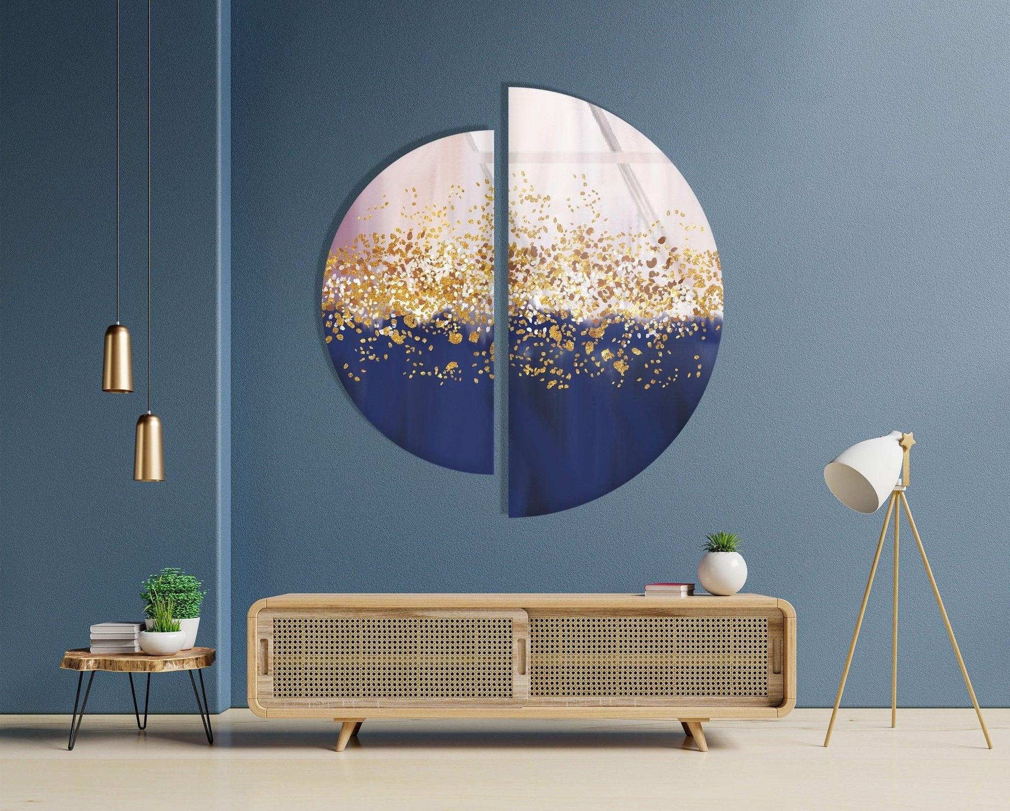 2 Piece Golden Abstract Glass Wall Art Set - Modern Home Decor for Living Room, Bedroom & Office - Elegant Handmade Glass Panel Artwork for Stylish Interior Design