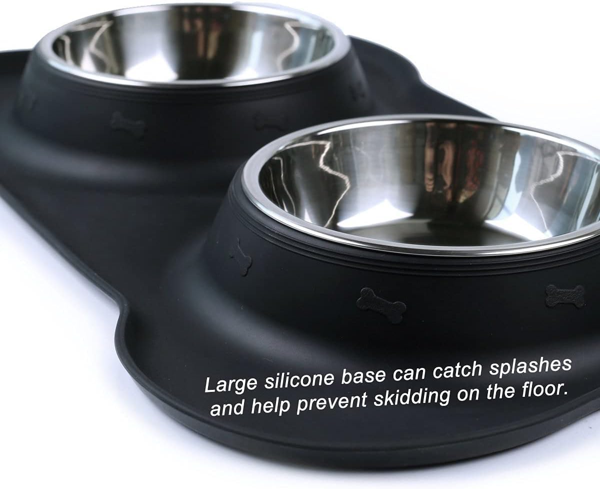 2 in 1 Stainless Steel Pet Bowl with Silicone Mat - Dual Food & Water Dish for Dogs & Cats - Removable Bowls, Non-Slip Base, Easy Clean (Multicolor) - Perfect for Home, Travel & Outdoor Use
