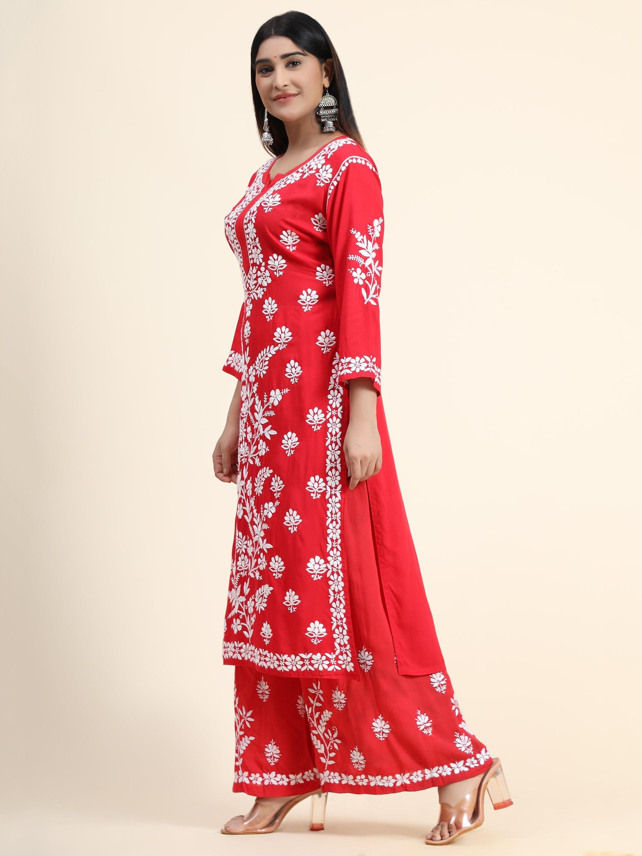 Premium Hand Embroidery Chikankari Co-Ord Set in Soft Modal Cotton - Red Ethnic Outfit for Women | Perfect for Festivals, Weddings & Special Occasions