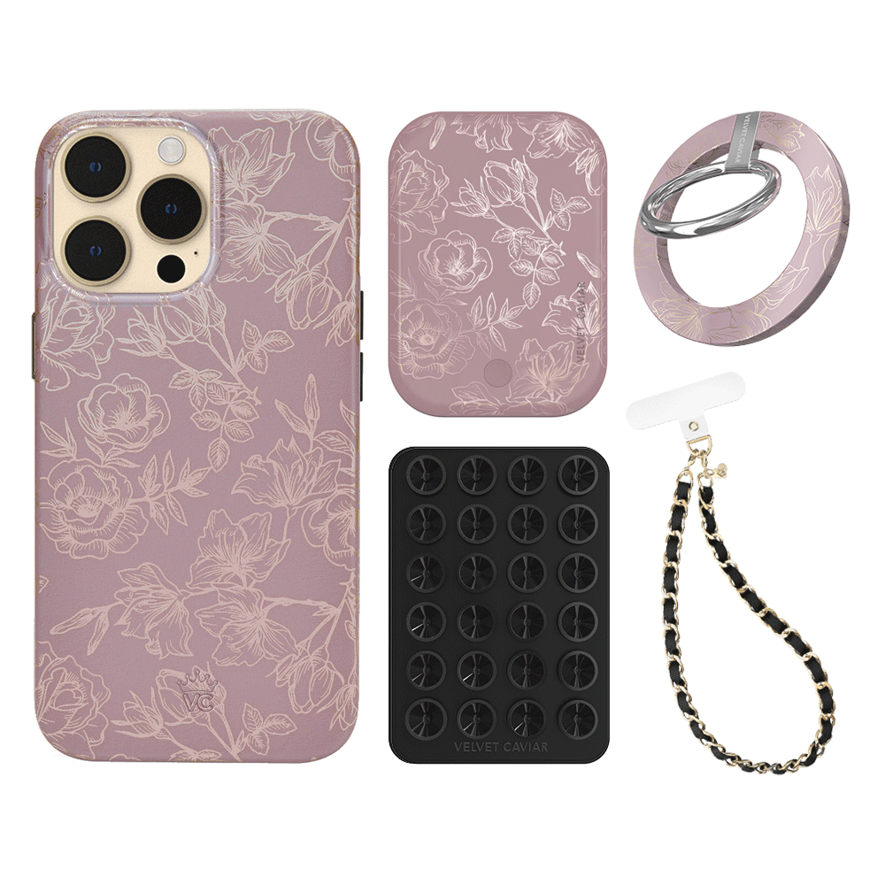 Dusty Rose Chrome Floral iPhone Case with Grip - Stylish Protective Phone Cover for iPhone 13/14/15 Pro Max - Perfect for Everyday Use, Work, and Travel