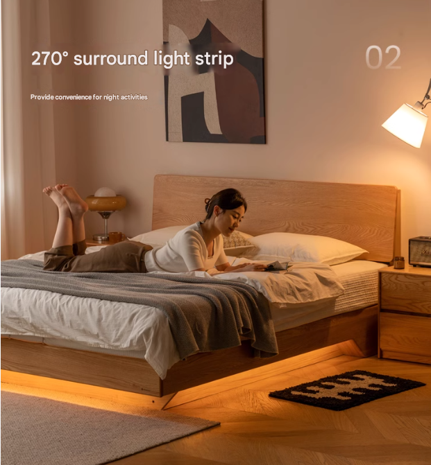 Solid Oak & Black Walnut Wood Floating Platform Bed with LED Lighting - Modern Bedroom Furniture for Contemporary Home Decor