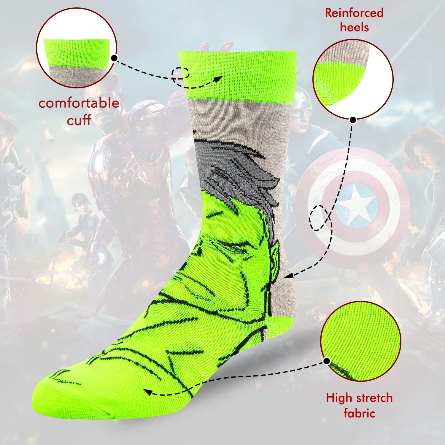 Marvel Legends Superhero Socks for Men & Boys - 6-Pack Athletic Crew Socks - Breathable Cotton Blend for Sports & Daily Wear - Perfect for Running, Gym & Casual Outfits