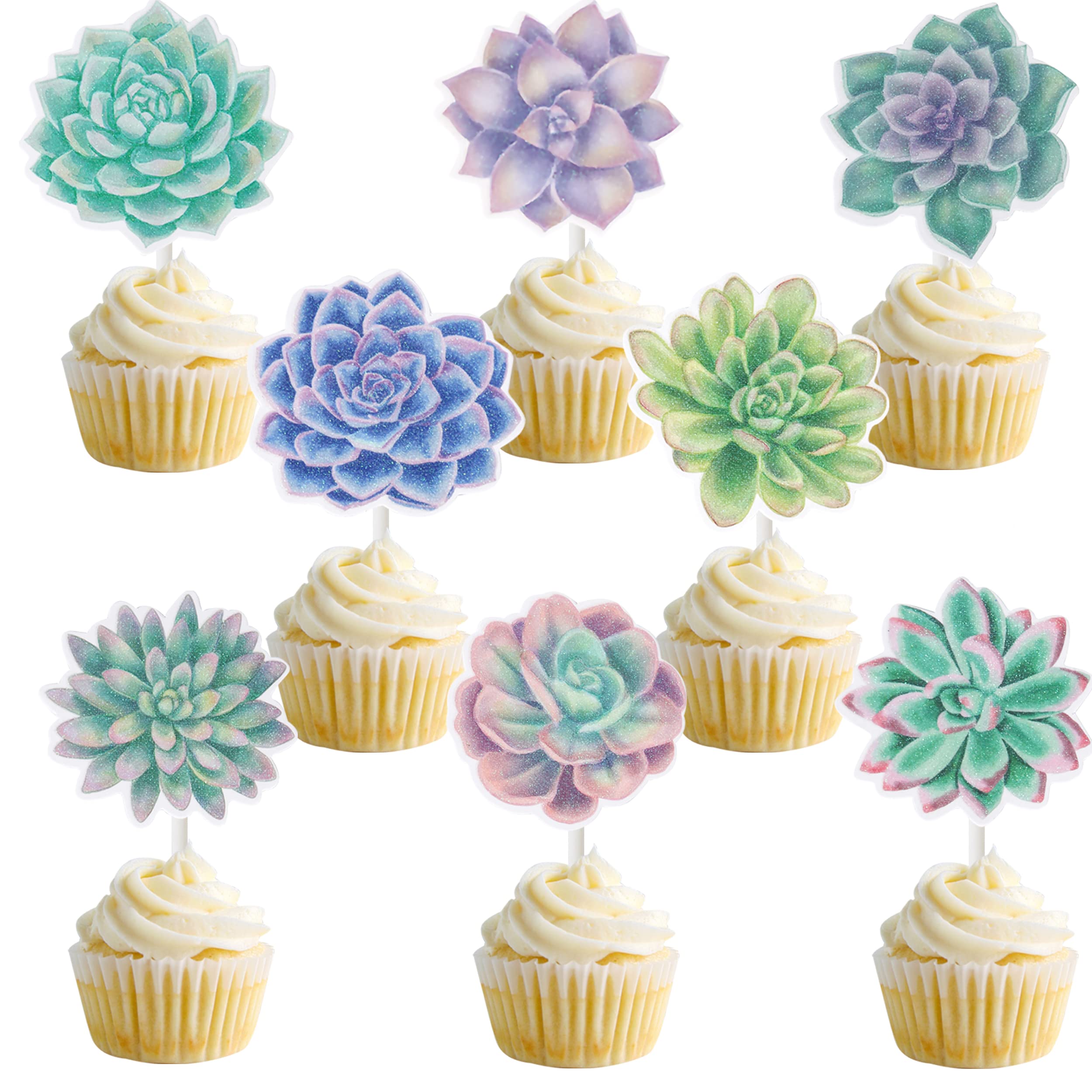 Succulent Cactus Cupcake Toppers - 24pcs Edible Cake Decorations for Succulent Theme Party, Hawaiian Luau, Bridal Shower & Birthday - Realistic Fake Plants for DIY Dessert Decor