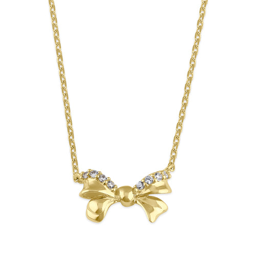 14K Solid Gold Bow Necklace with Cubic Zirconia - Elegant Jewelry Gift for Women, Perfect for Parties, Weddings & Everyday Wear