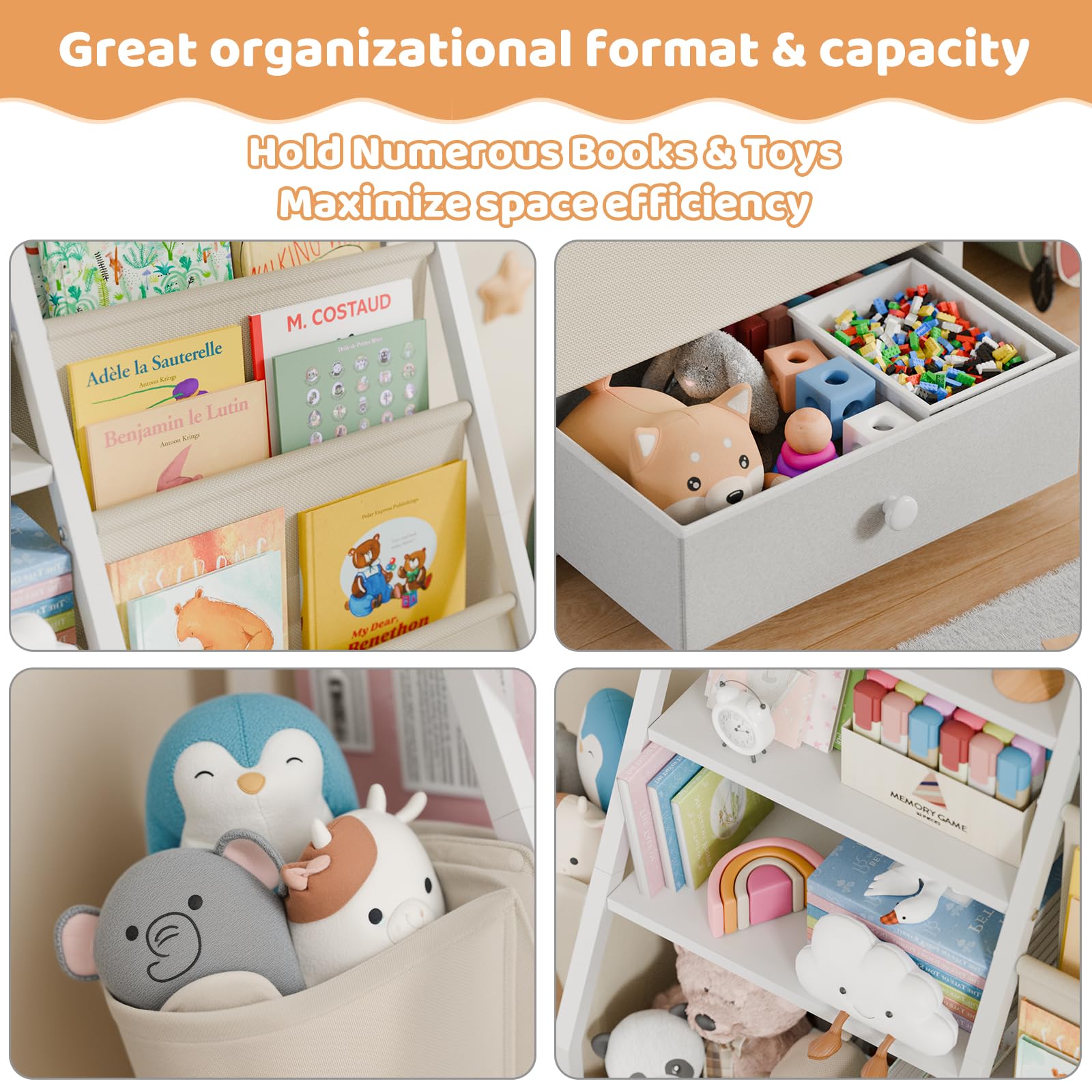 White Kids Bookshelf & Toy Storage Organizer - Montessori Bookcase for Nursery, Toddler Room & Playroom - Perfect for Organizing Books, Toys & Learning Materials