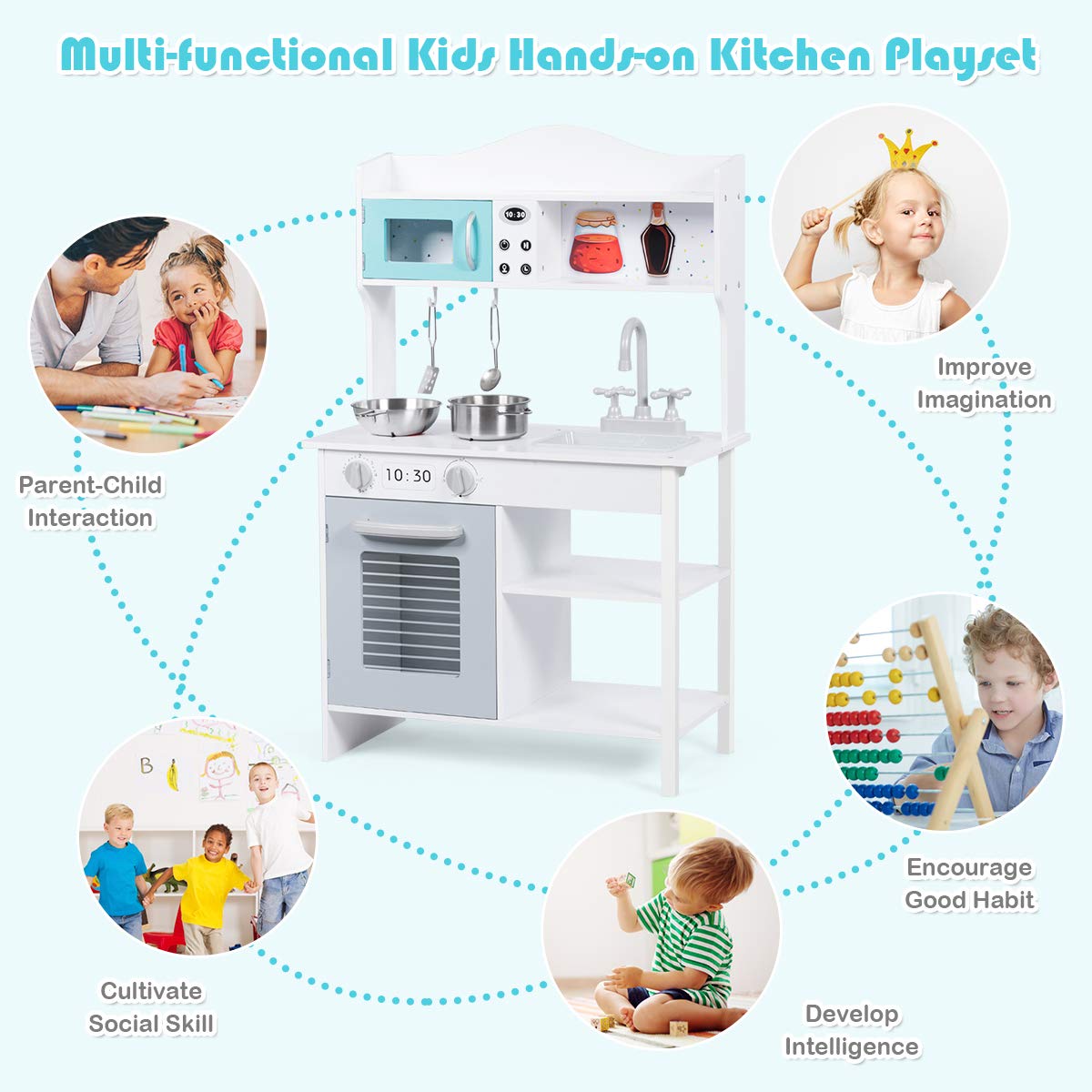 Costzon Wooden Play Kitchen Set for Kids - Pretend Play Cooking Toy with Sink, Oven, Microwave & Stove - Includes Pots, Utensils, Shelf & Cabinets - Great Gift for Toddlers Boys & Girls (Modern Style) - Perfect for Home Playroom, Preschool Learning & Birthday Gifts