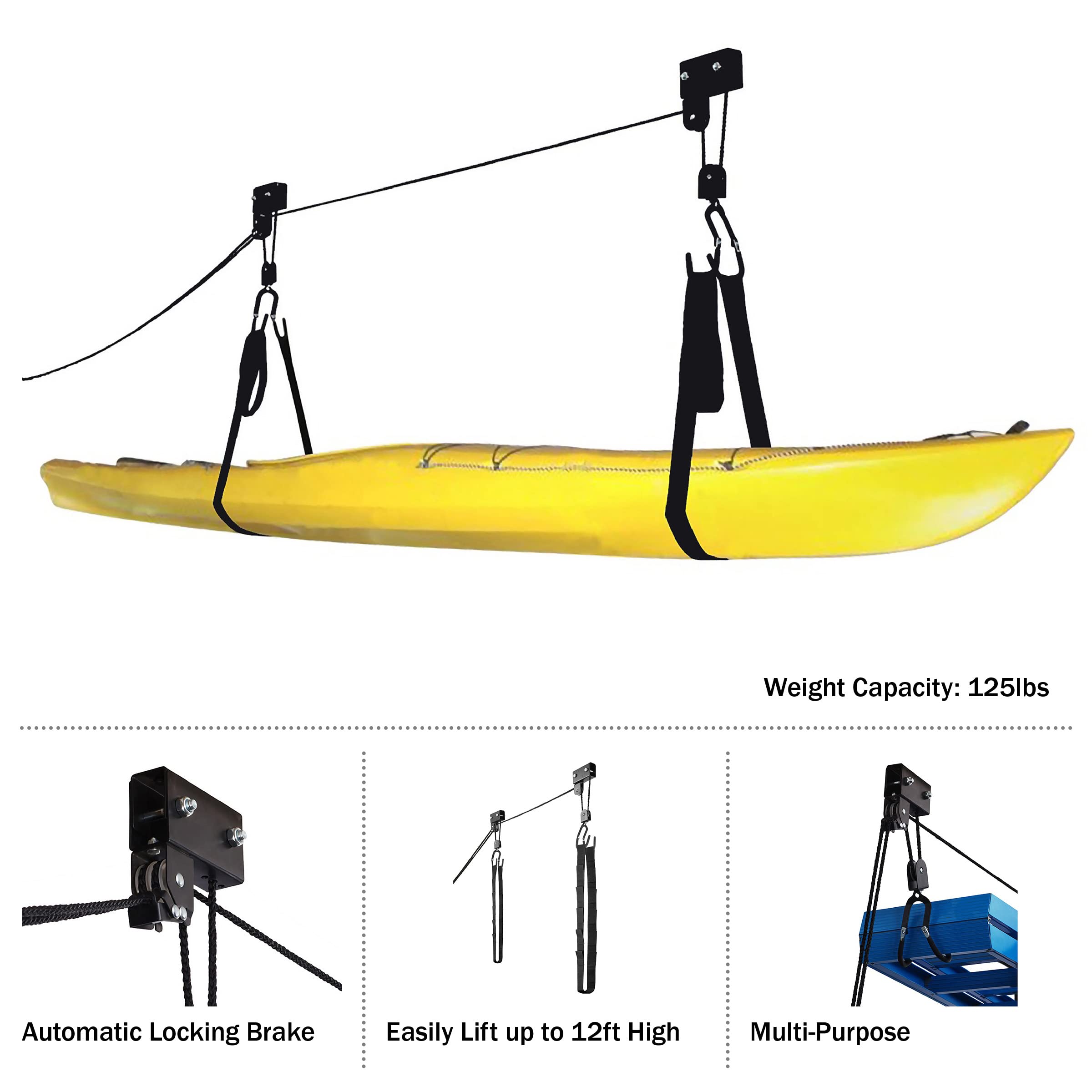 RAD Cycle Garage Hoist Set of 2 - Kayak Pulley & Bike/Ladder Hanger - Heavy Duty Overhead Storage System for Kayaks, Bikes, Ladders (Up to 12-Foot Ceilings) - Perfect for Garage Organization & Space Saving