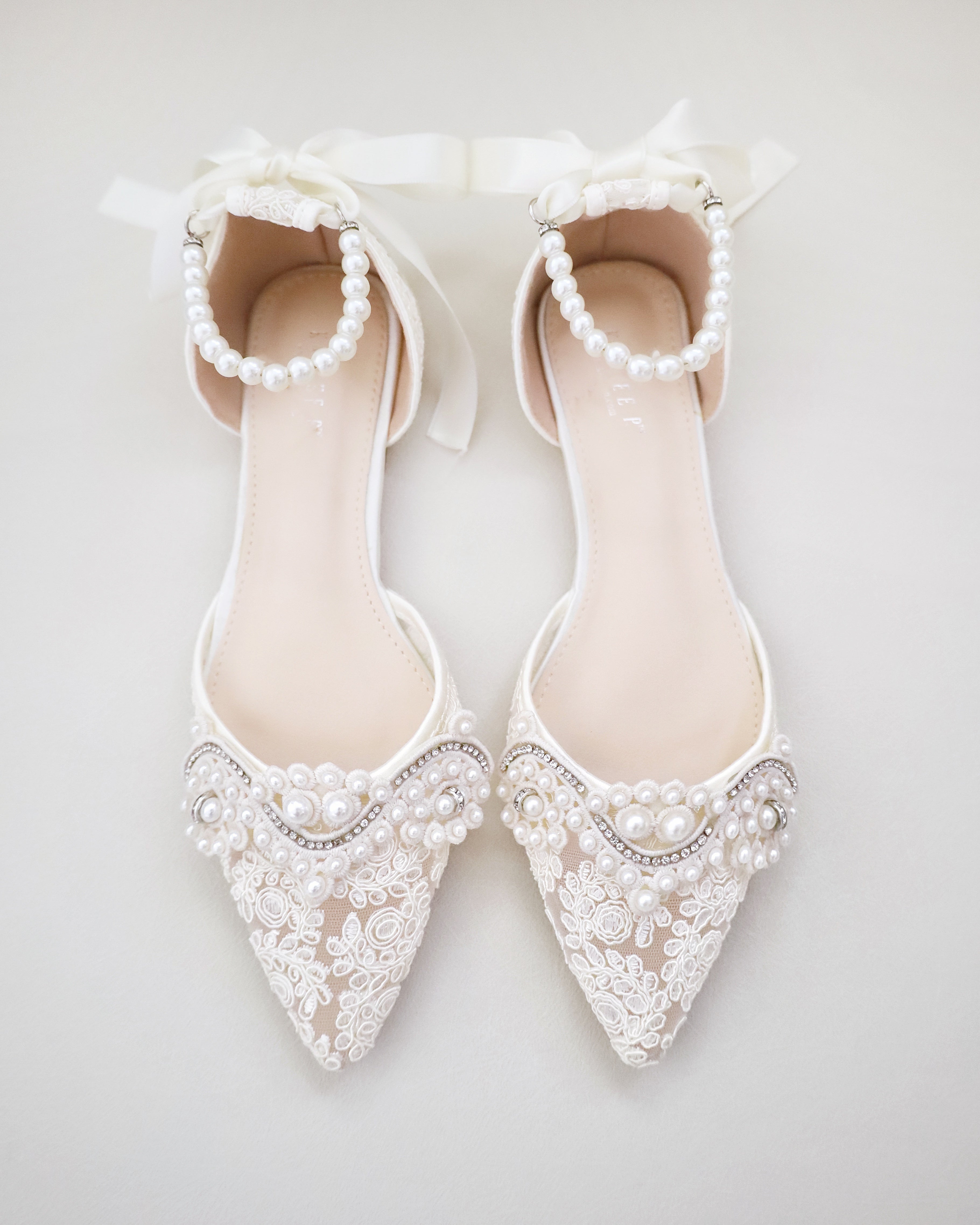 Elegant Crochet Lace Pointed Toe Flats with Pearl Embellishments - Perfect for Weddings, Parties & Formal Occasions