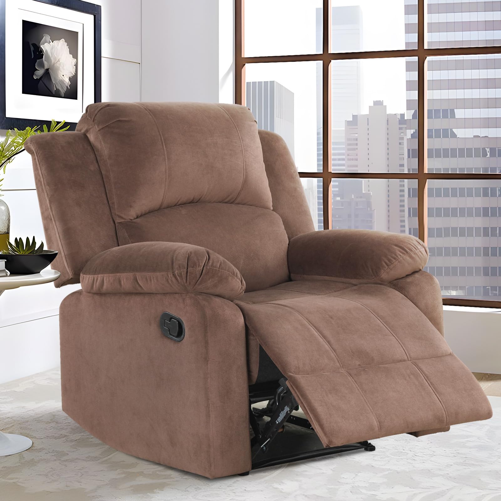 Phoenix Home Fabric Manual Recliner Chair for Adults - Comfortable Overstuffed Arm and Back Reclining Sofa - Living Room Single Seater in Caramel Brown - Perfect for Relaxing, Reading & Watching TV