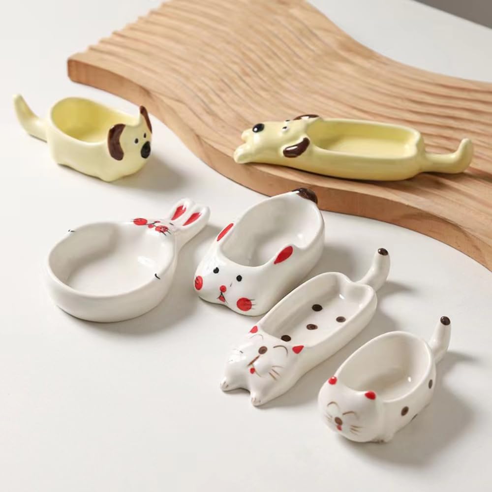 4-Piece Cartoon Sauce Dishes - Ceramic Chopstick Holder for Kitchen (White & Kitten) - Perfect for Sushi & Dumplings
