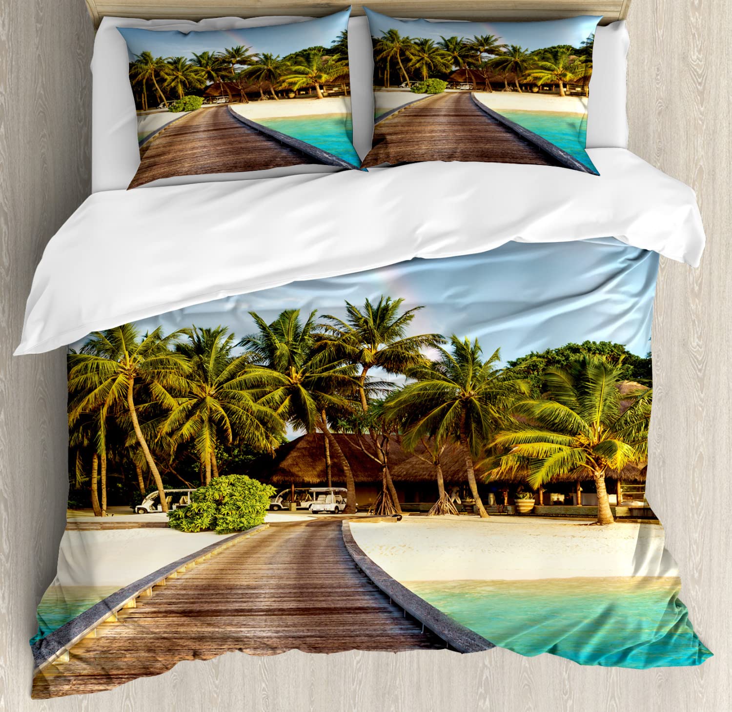 Ambesonne Beach Duvet Cover Set - Tropical Wooden Bridge Island Resort Design with Rainbow & Palm Trees - 2-Piece Twin Size Bedding Set (2 Duvet Covers + 2 Pillowcases) in Brown, Green & Aqua - Perfect for Beach House Decor & Coastal Themed Bedrooms