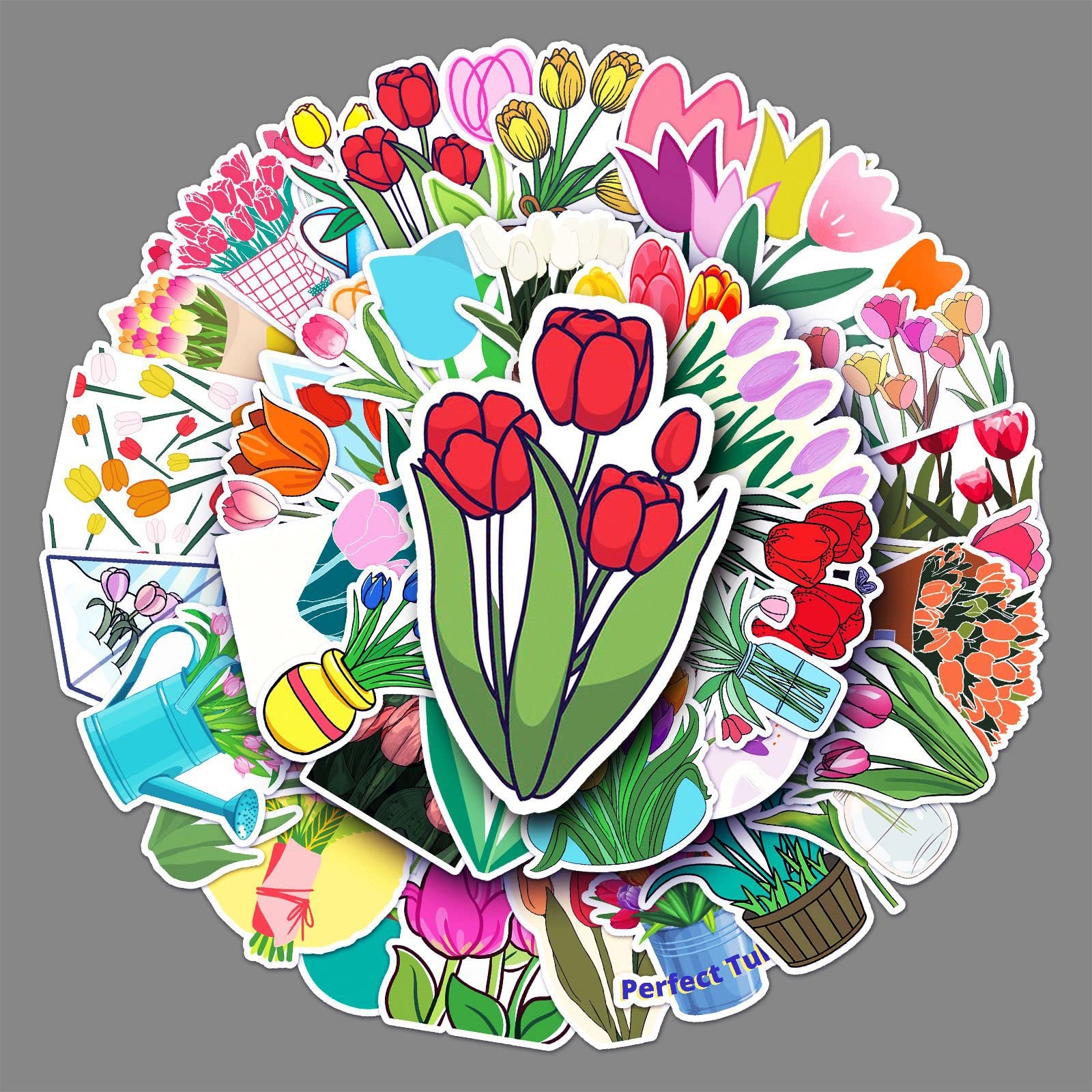 50PCS Waterproof Tulip Flower Stickers - Cute Vinyl Decals for Laptop, Water Bottle, Bike, Car, Skateboard, Luggage, Guitar - Trendy DIY Scrapbooking Stickers for Teens, Girls & Kids - Perfect for School, Home Decor & Personalization
