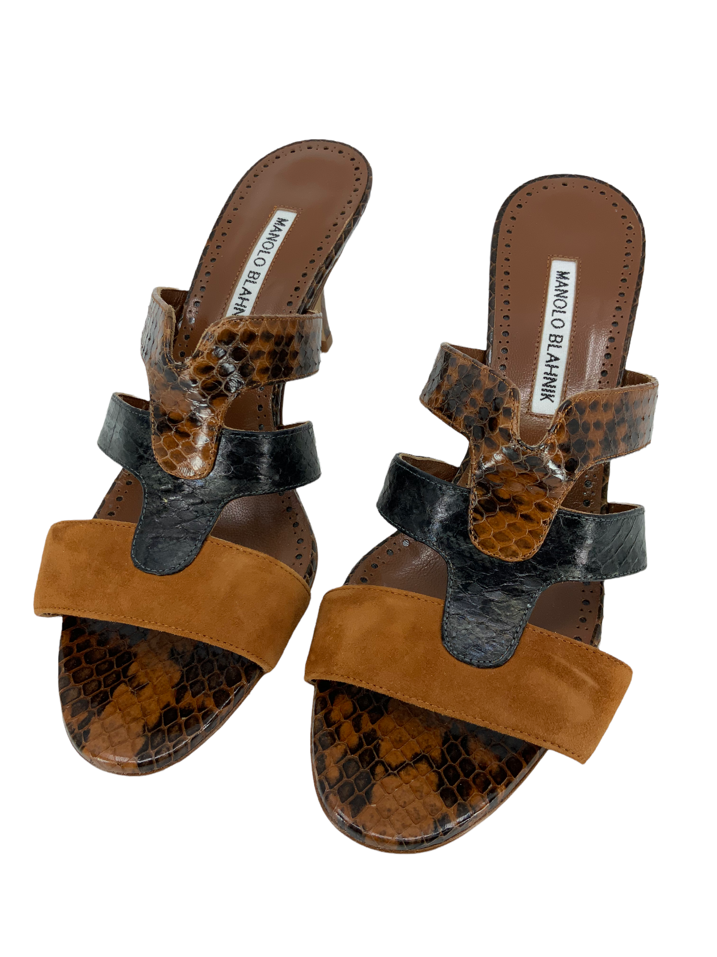 Manolo Blahnik Pennina Brown Suede & Snakeskin Mules - Women's Size 9 Luxury Designer Slides | Perfect for Evening Parties, Weddings & Special Occasions