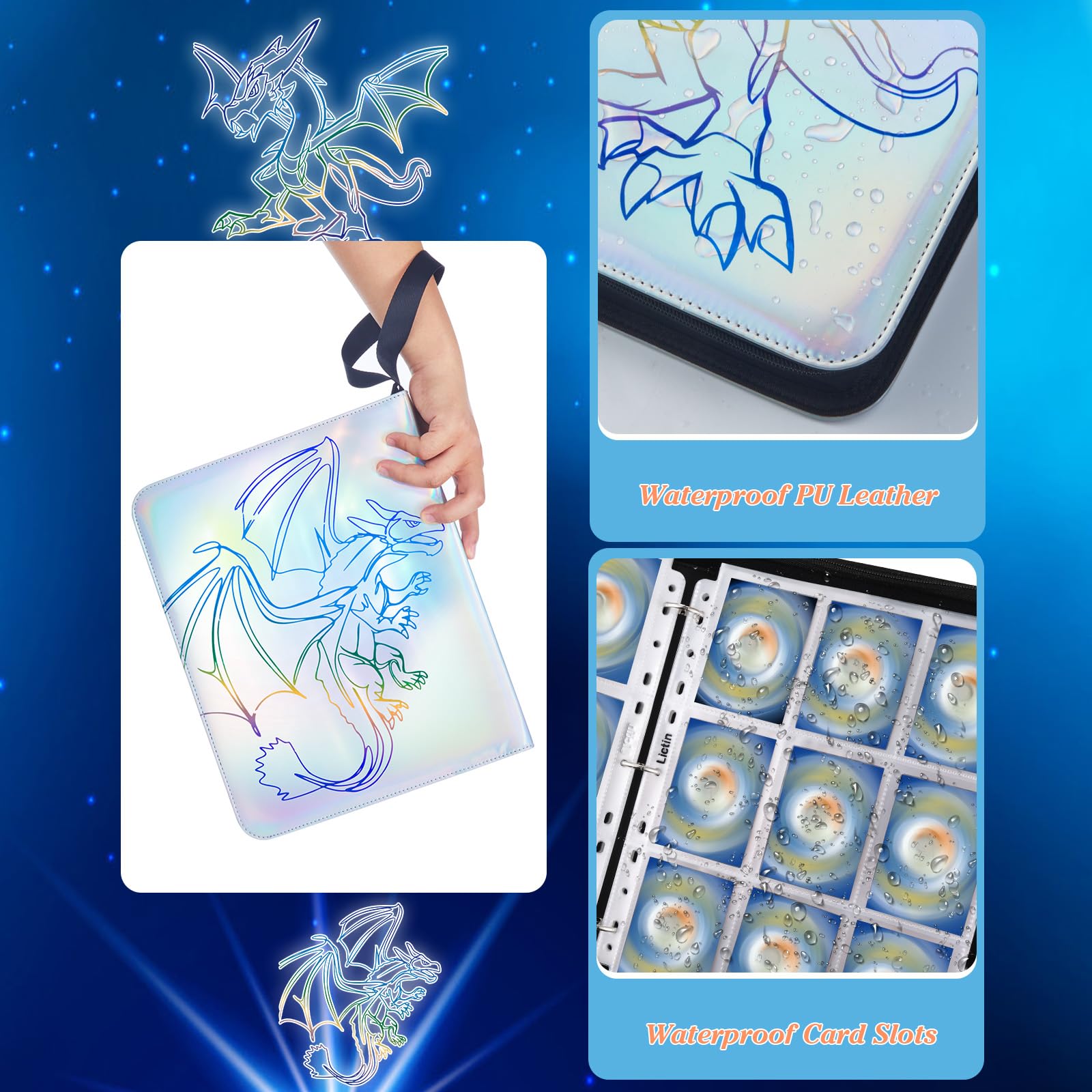 Lictin 9-Pocket Holographic Trading Card Binder - Holds 810 Cards with 45 Removable Sleeves, 3-Ring Card Collection Album for Standard Size Cards (Pokemon, MTG, Yu-Gi-Oh) - Double-Sided Protection for Card Showcase & Storage