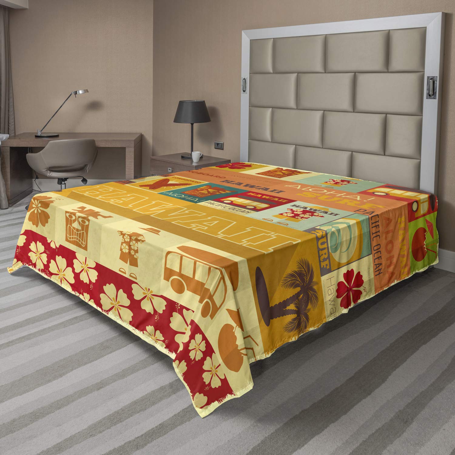Ambesonne Tiki Bar Queen Size Flat Sheet - Retro Hawaiian Travel Cards Print, Soft & Comfortable Vintage Bedding - Perfect for Summer Decor, Tropical Themed Bedrooms & Beach House Styling