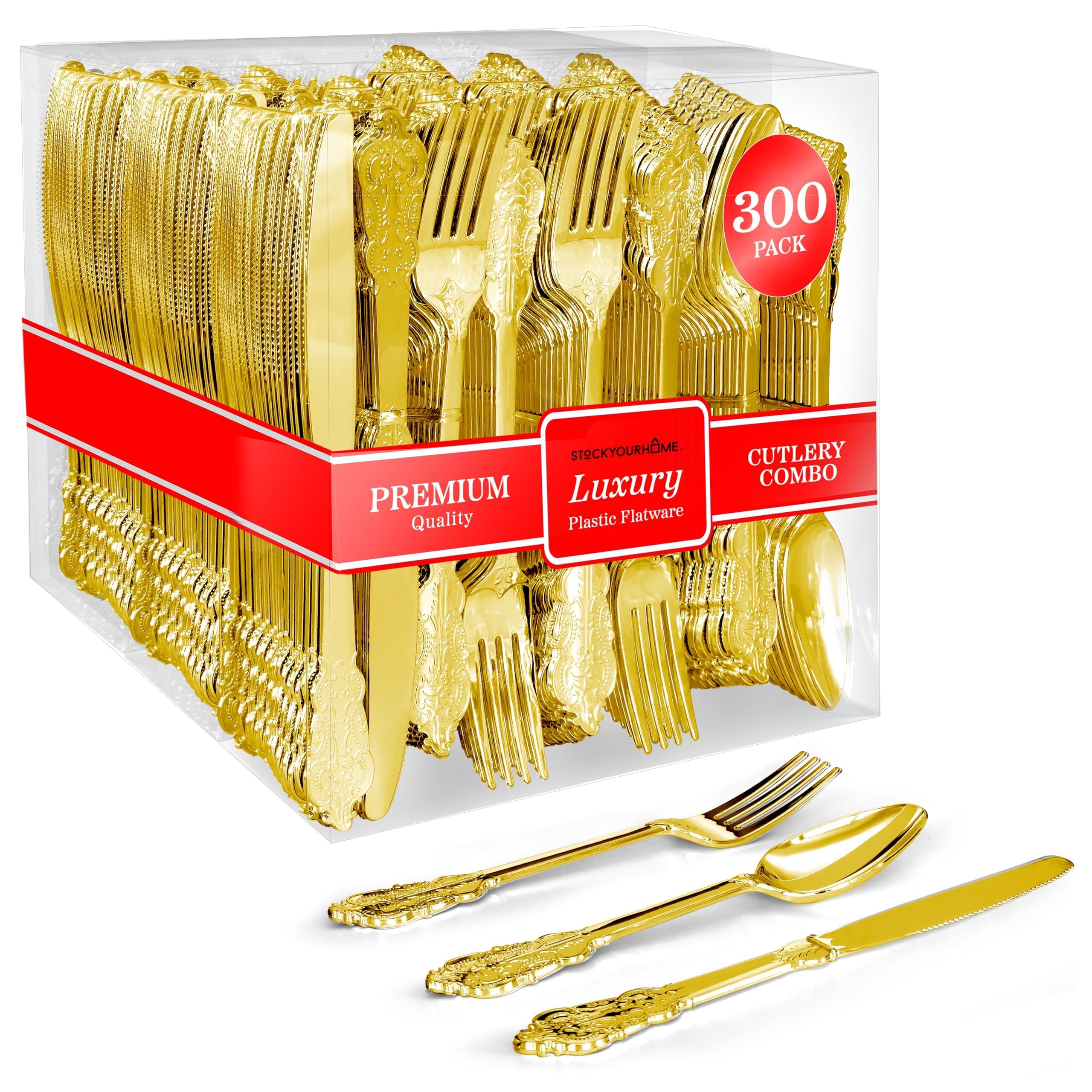 300-Piece Gold Plastic Silverware Set - 100 Gold Forks, 100 Spoons, 100 Knives | Heavy Duty Disposable Cutlery for Weddings, Parties & Events | Elegant Flatware for Dinner Parties, Holidays & Special Occasions