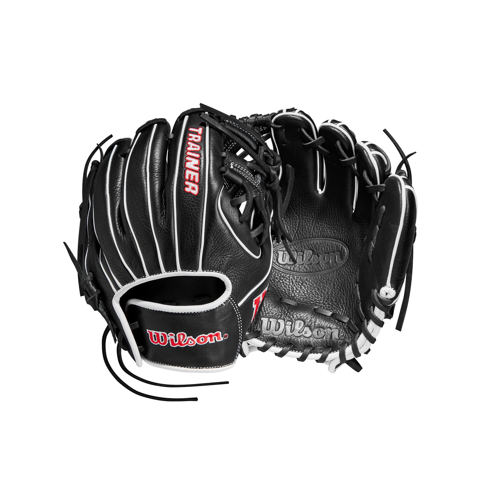 Wilson Trainer Baseball Gloves for Youth & Adults - Black/Red Leather Mitt for Baseball Practice, Training & Games - Perfect for Fielding, Catching & Throwing Drills
