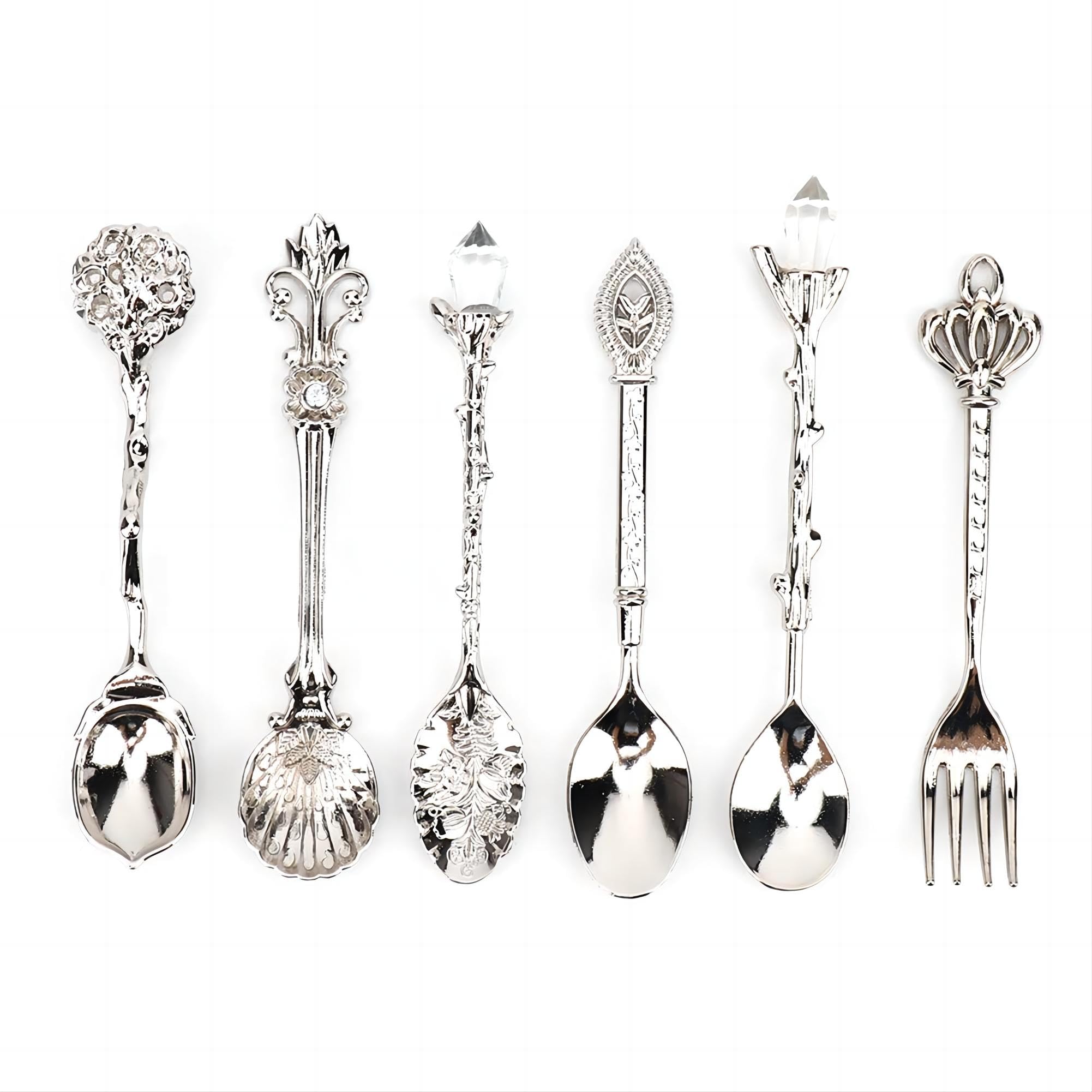 6-Piece Vintage Teaspoon Set - Small Retro Royal Zinc Alloy Dessert Spoons with Forks, Silverware for Home, Kitchen & Cafe - Perfect for Coffee, Sugar Stirring, Ice Cream & Cake Serving