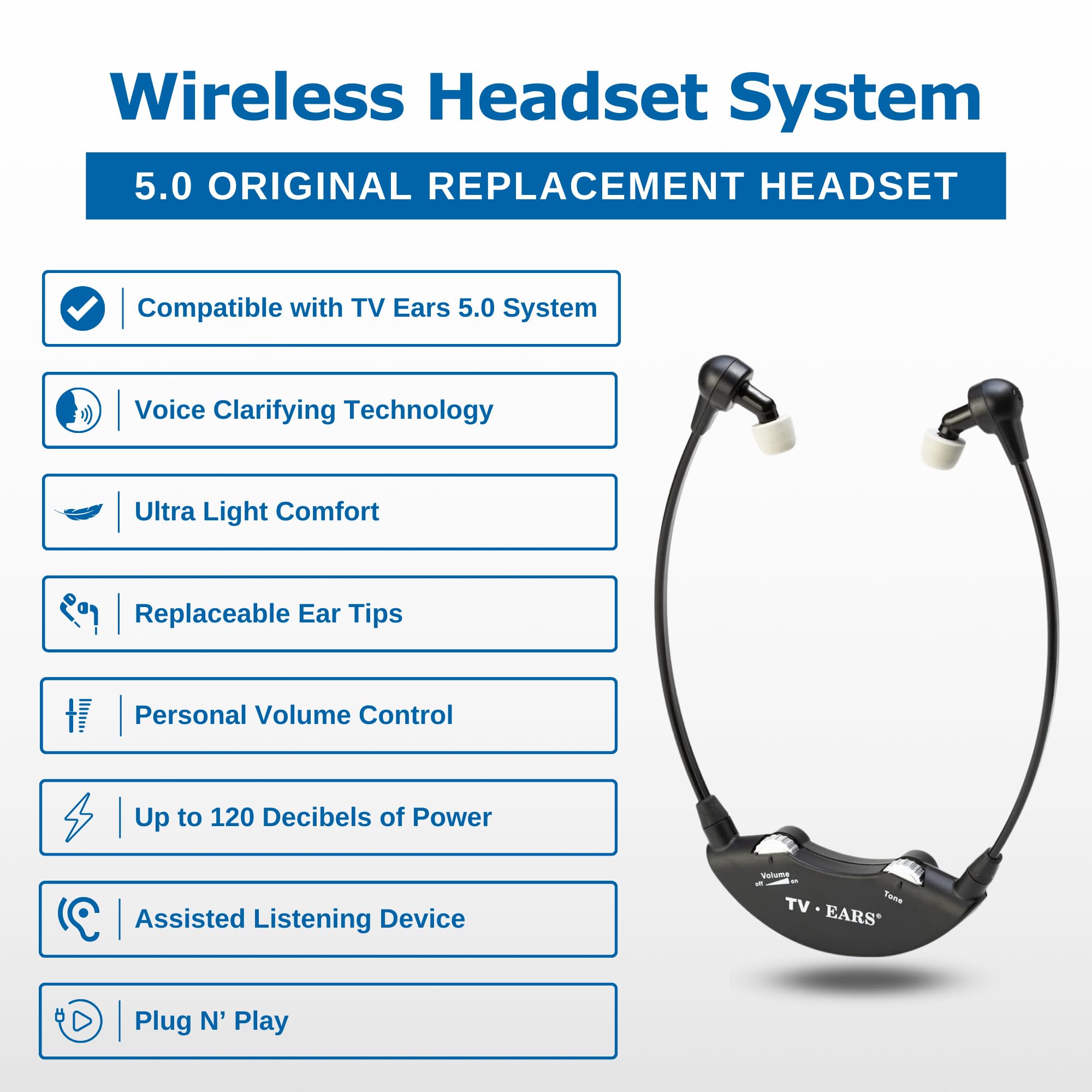 TV EARS Additional Wireless Headset - Compatible with All 5.0 Analog & Digital TV Ears Systems - Hearing Assistance for Seniors & Hearing Impaired - Perfect for Home Entertainment & Clear Audio Experience