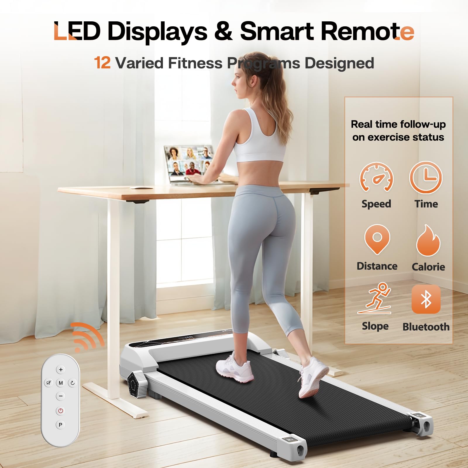 Under Desk Treadmill with Incline - 2.5HP Quiet Walking Pad Machine with Shock Absorption, LED Display & Remote Control - Portable Treadmill for Home Office Workouts, Walking While Working or Watching TV