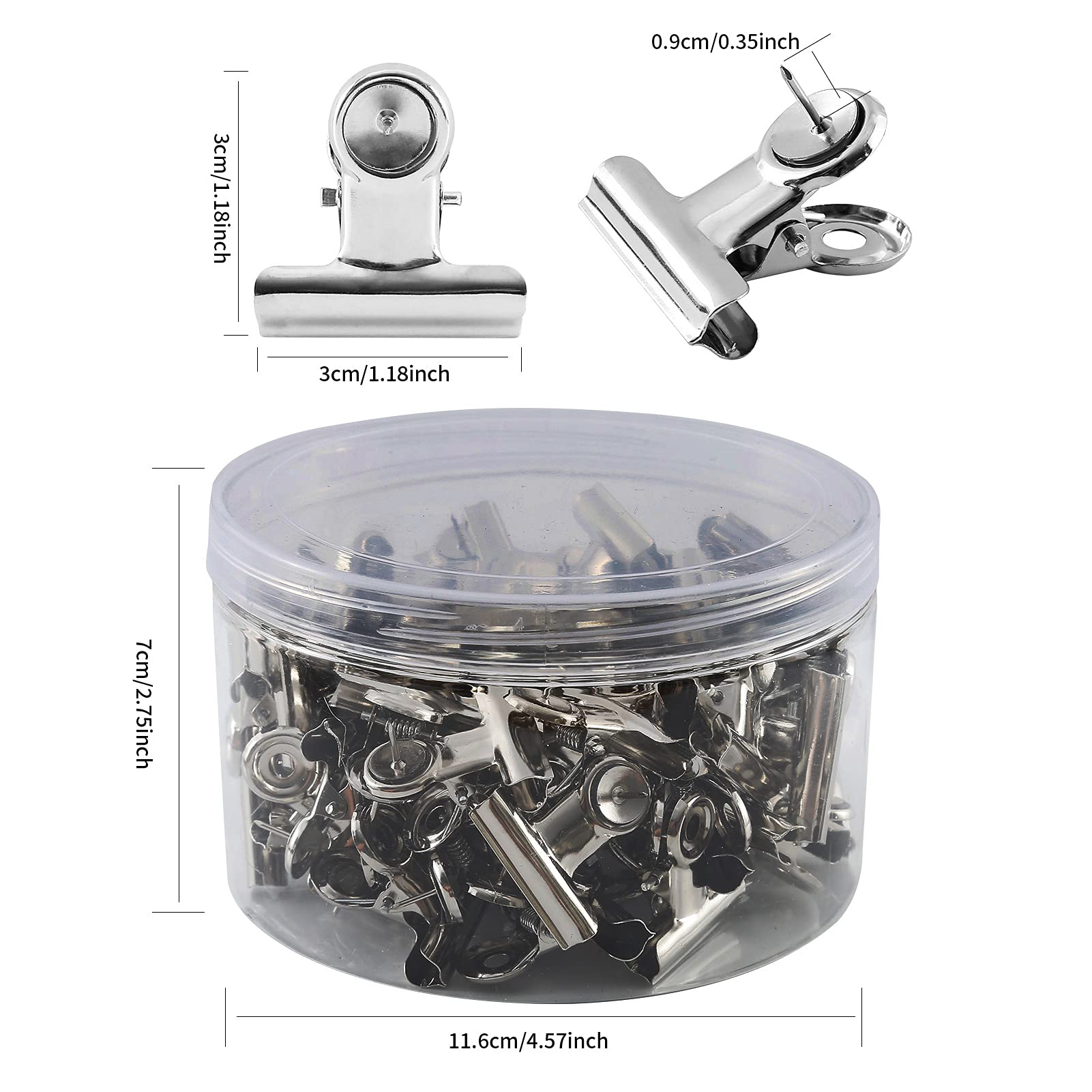 60 Pack Heavy Duty Push Pins & Bulldog Clips - No-Hole Paper Clips for Cork Boards, Bulletin Boards & Office Walls (Silver) | Perfect for School, Office & Home Organization