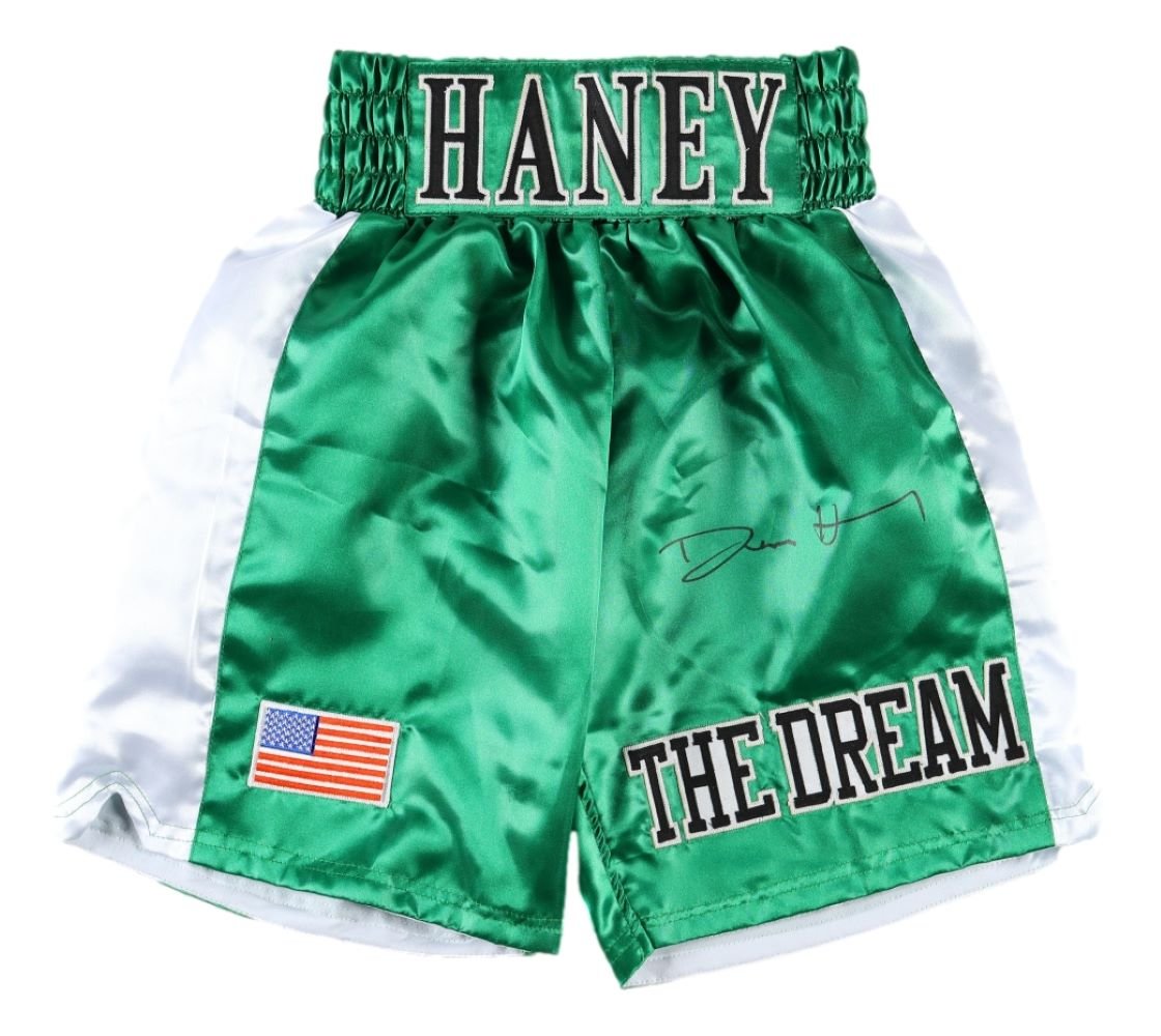 Devin Haney Autographed Custom Green Boxing Shorts - Limited Edition Collectible for Boxing Fans & Memorabilia Enthusiasts | Perfect for Display, Gifts & Sports Collections