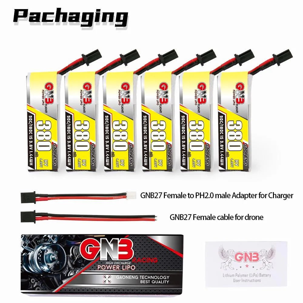 GNB/GAONENG 380mAh 1S 3.8V HV 90C Lipo Battery with GNB27 Connector - High Performance RC Drone Battery (6 Pack) - Perfect for FPV Racing Drones, Mini Quadcopters, and Micro RC Models