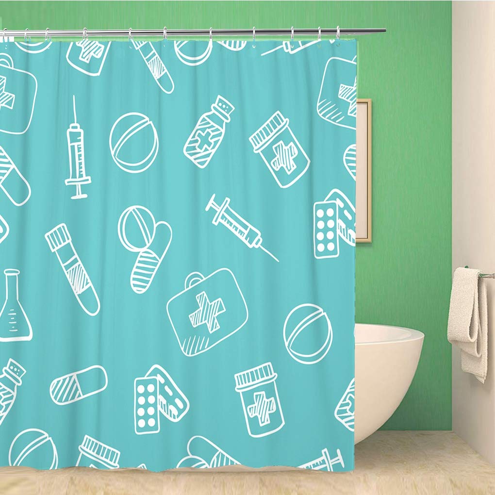 Waterproof Doctor Nurse Medical Themed Shower Curtain - 72x78 Inch Polyester Fabric Bathroom Decor with Hooks | Pharmacy Doodle Pattern for Healthcare Professionals & Medical Enthusiasts | Perfect for Hospitals, Clinics, and Themed Bathrooms