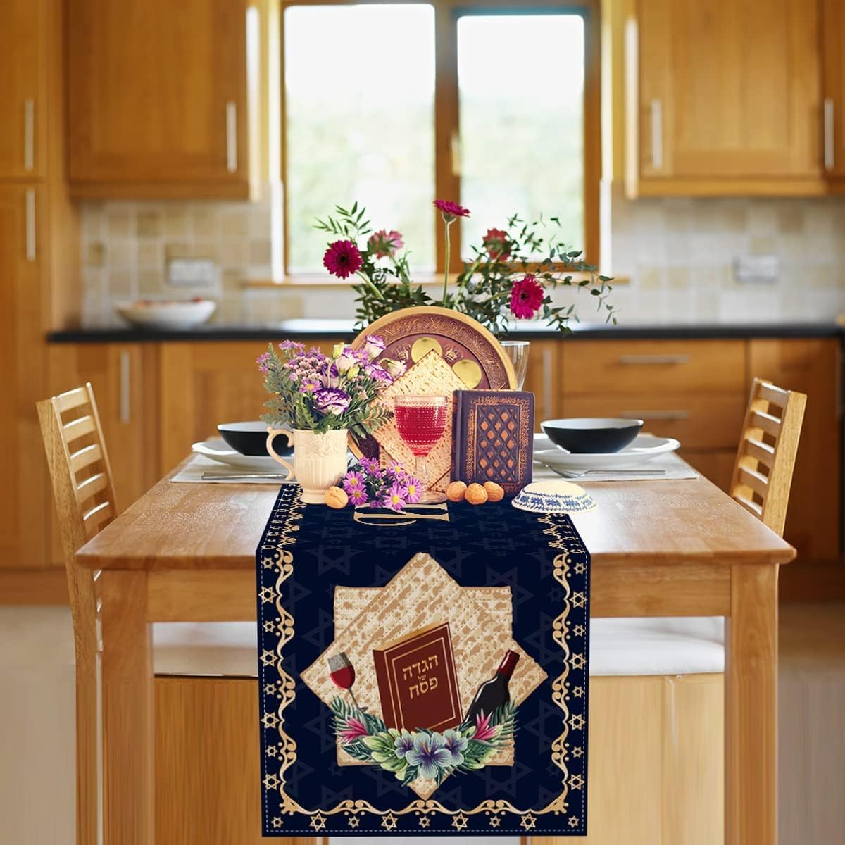 Happy Passover Pesach Star of David 13 x 90 Inch Table Runner for Jewish Festival, Holiday Party, and Home Kitchen Dining Room Decor