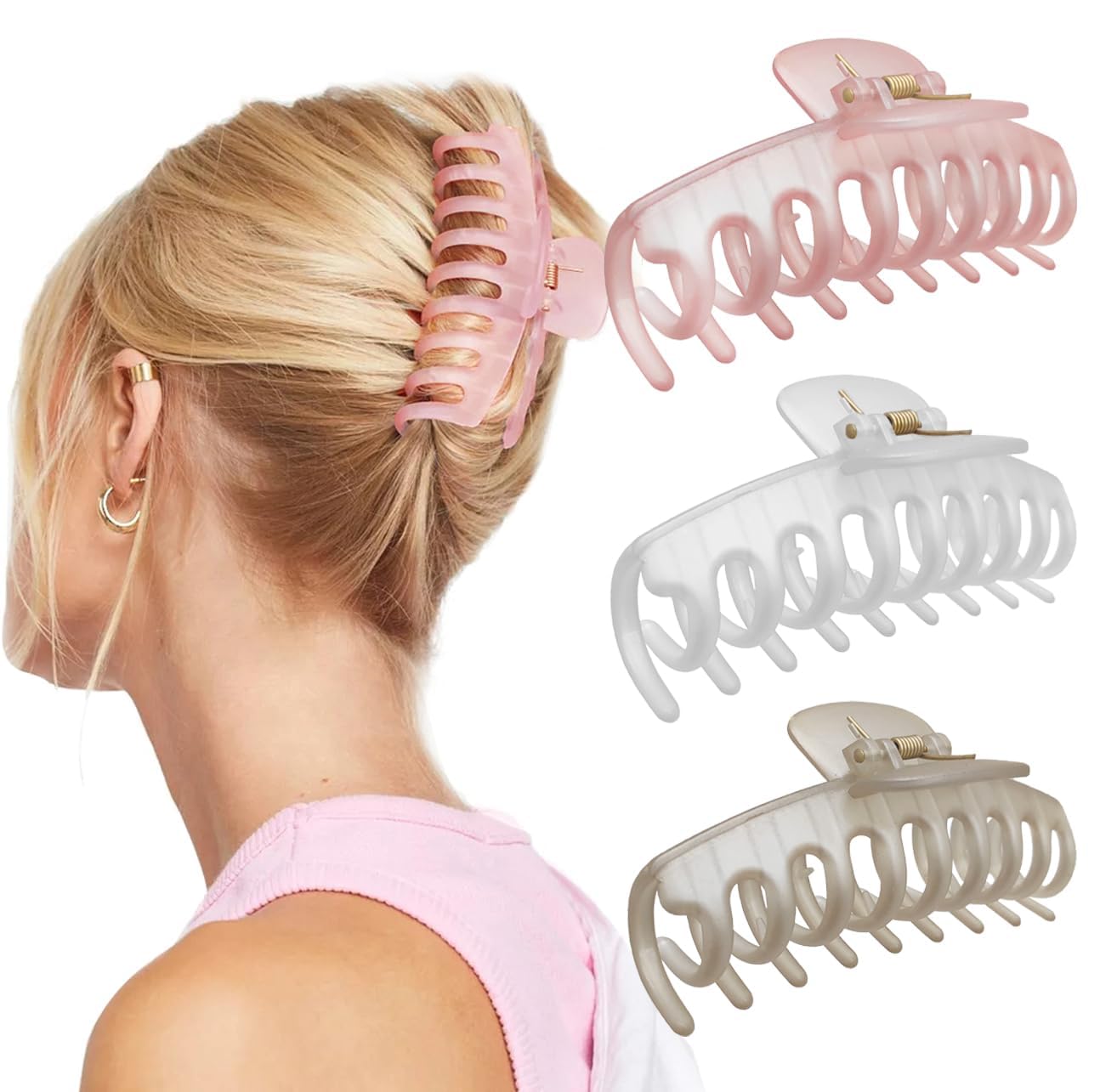 Plucket® 3Pcs Korean Style Large Plastic Hair Clips - Transparent & Matte Frosted Long Jaw Clutches for Women & Girls | Hair Accessories for Ponytails, Buns & Updos