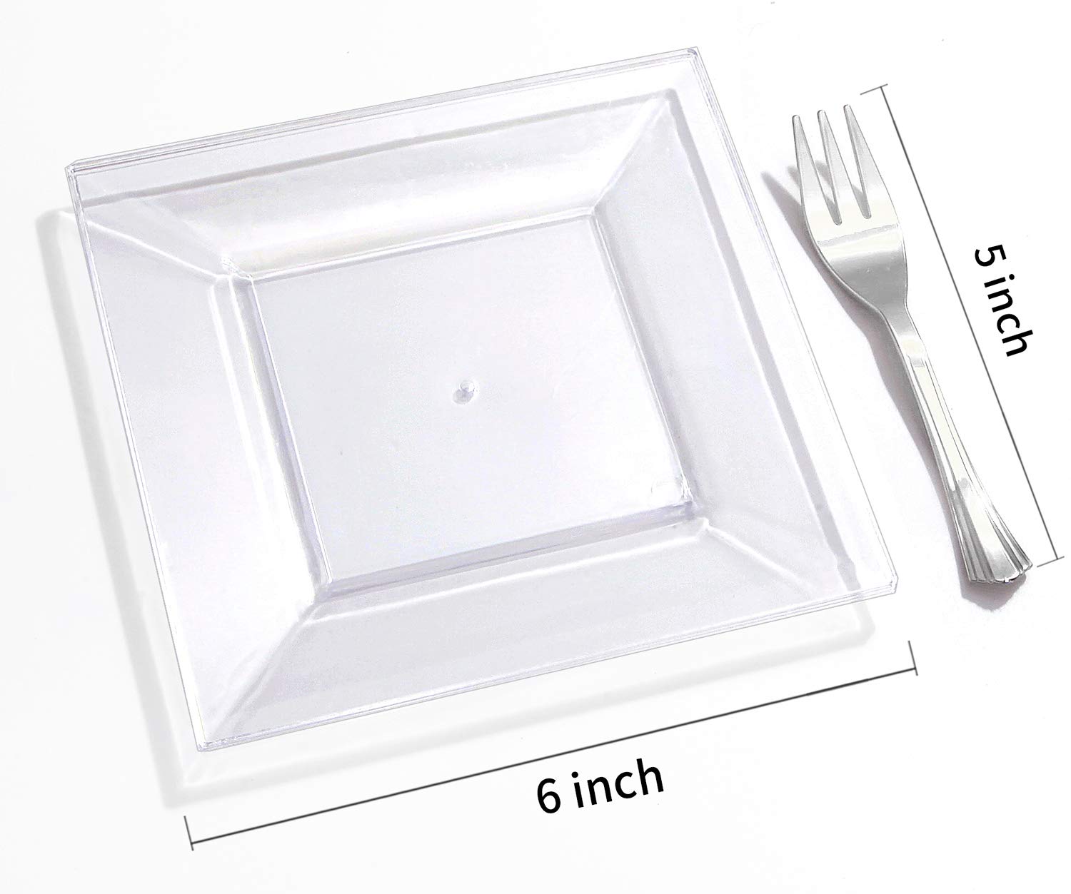 100-Piece Clear Square Dessert Plates Set with 100 Silver Plastic Forks - Elegant Appetizer Plates for Weddings, Parties & Events - Perfect for Cocktail Receptions, Bridal Showers & Birthday Celebrations