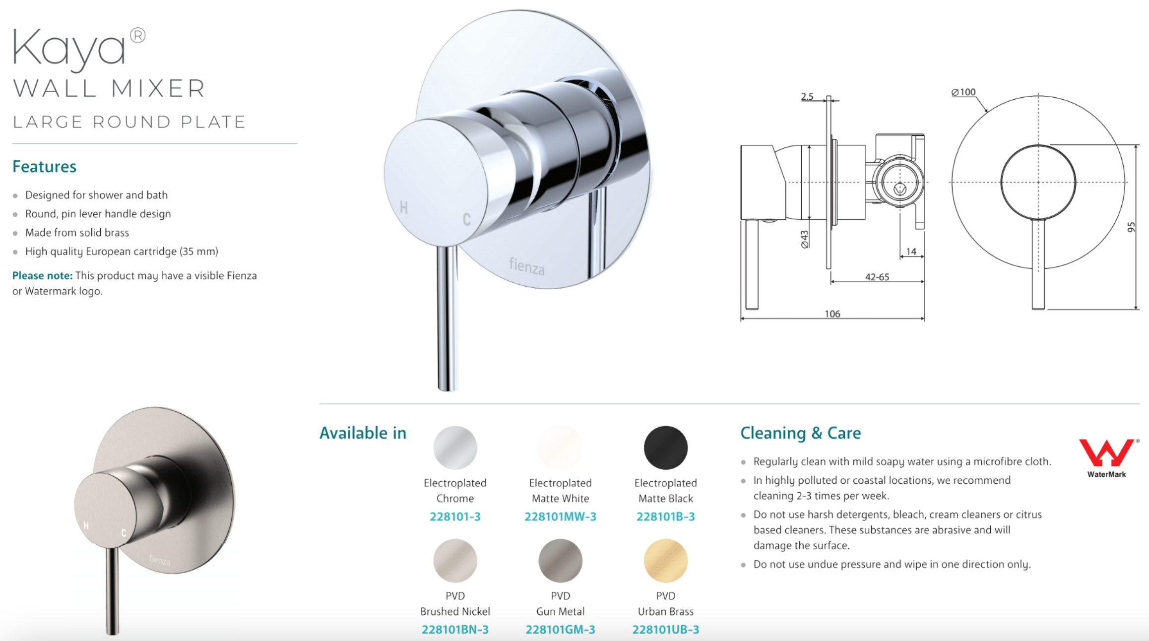 Fienza 228101MW Matte White Large Round Plate Wall Mixer Faucet - Modern Bathroom Sink Mixer for Vanity, Powder Room & Guest Bathroom