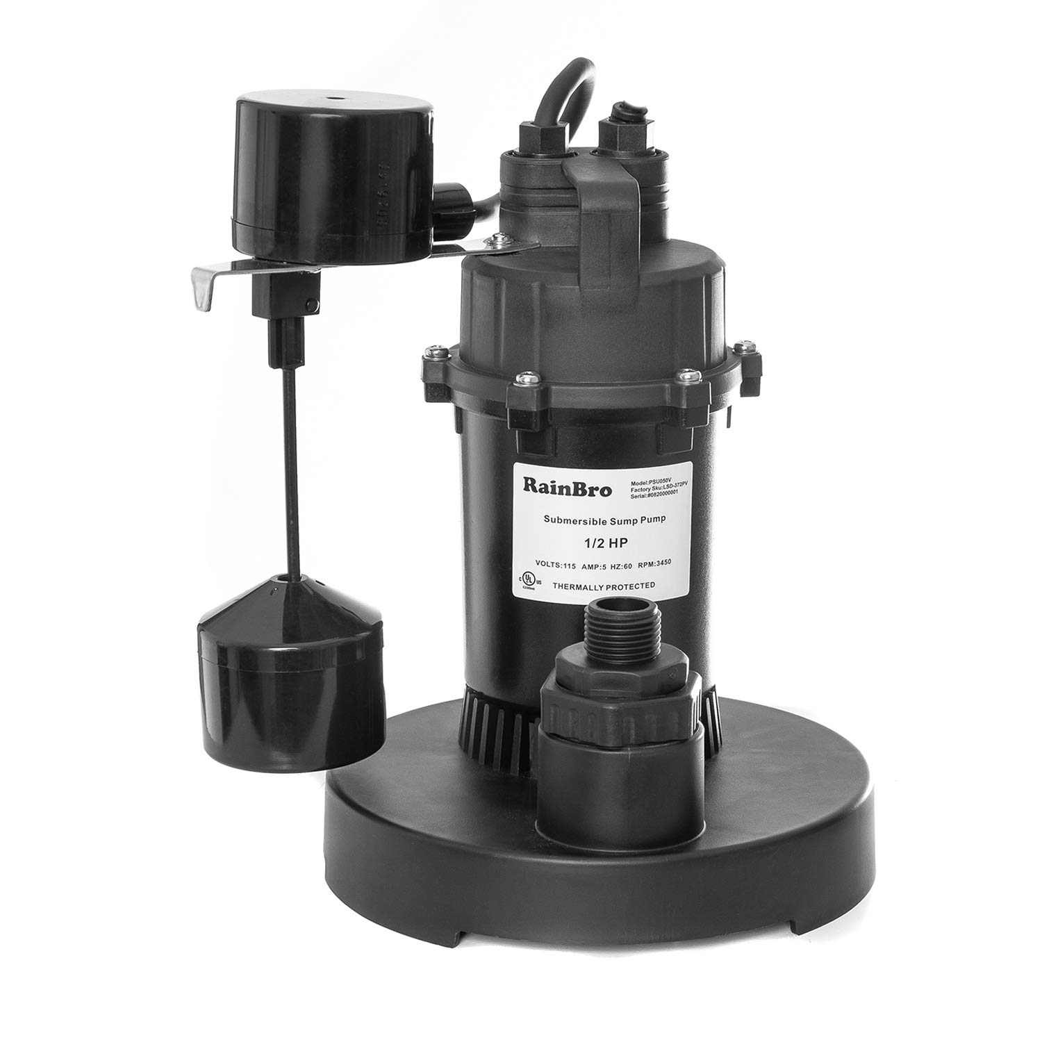 Rainbro 1/2 HP Thermoplastic Submersible Sump Pump with Vertical Float Switch - Model PSU050V - Ideal for Basement Flood Prevention & Water Removal