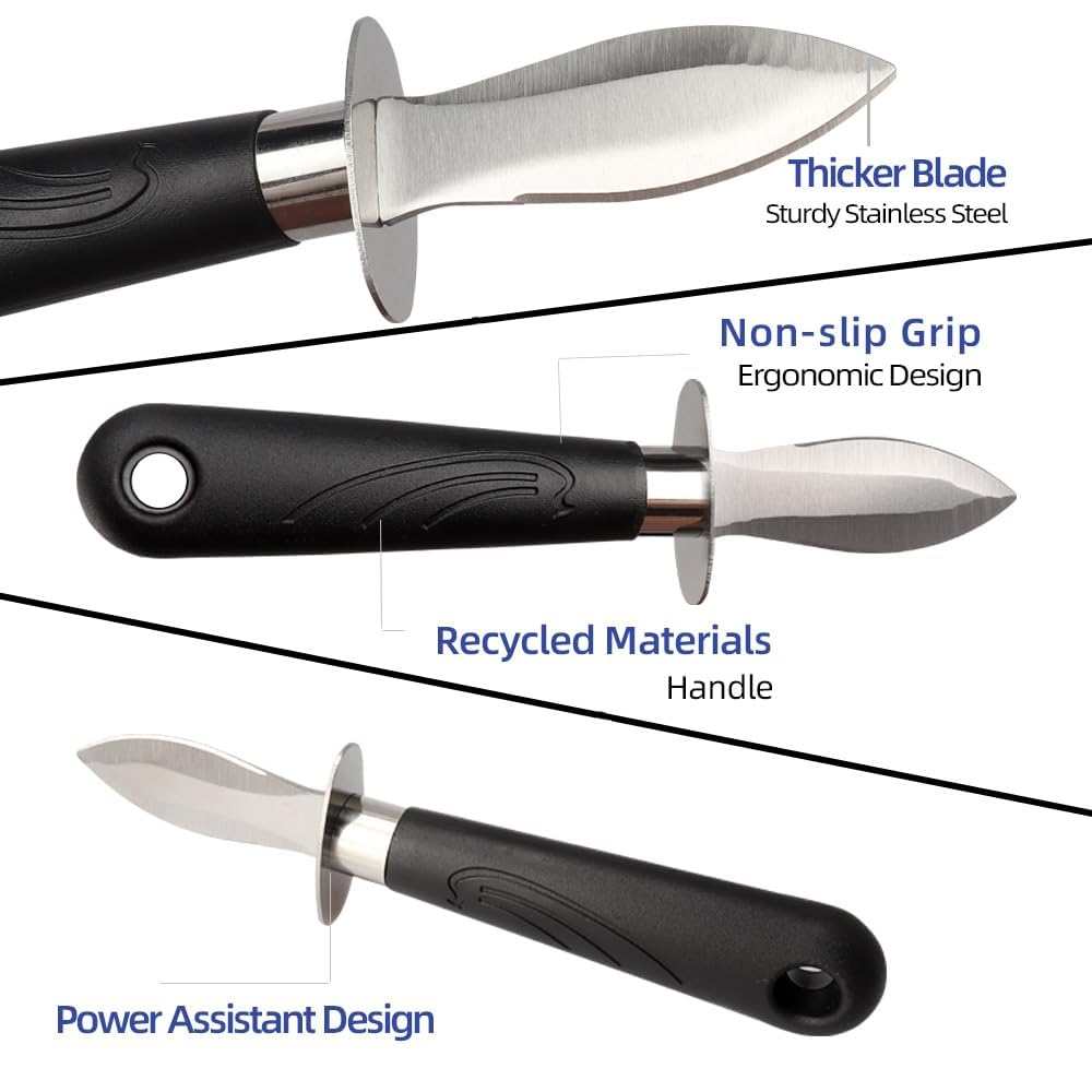 Premium Oyster Shucking Kit - 2 Stainless Steel Oyster Knives, 2 Cut-Resistant Level 5 Gloves & Cleaning Cloth - Professional Seafood Opener Set for Home & Restaurant Use - Perfect Gift for Seafood Lovers