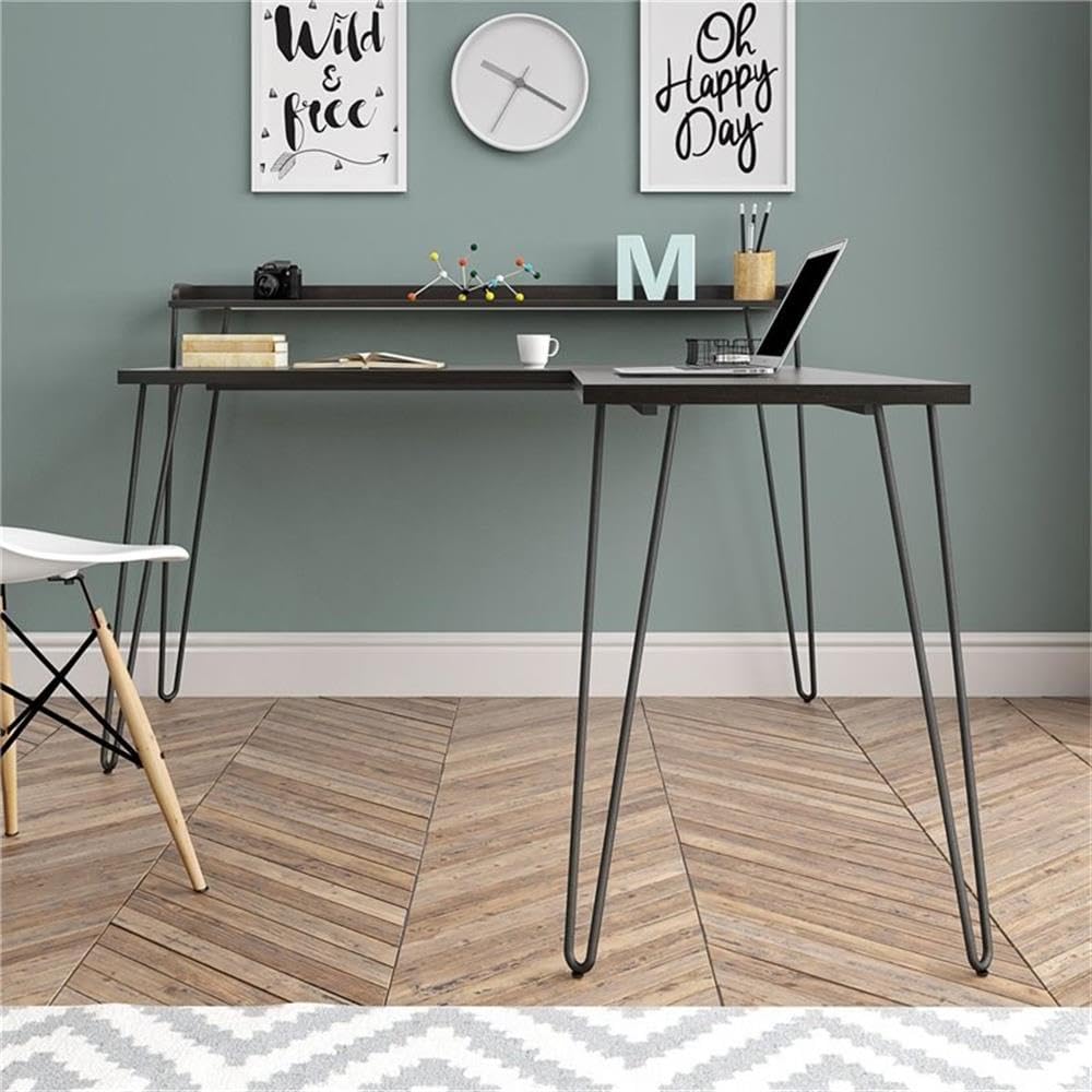 Mid-Century Modern L-Shaped Desk with Riser - Espresso Finish Home Office Computer Workstation for Small Spaces & Gaming Setup