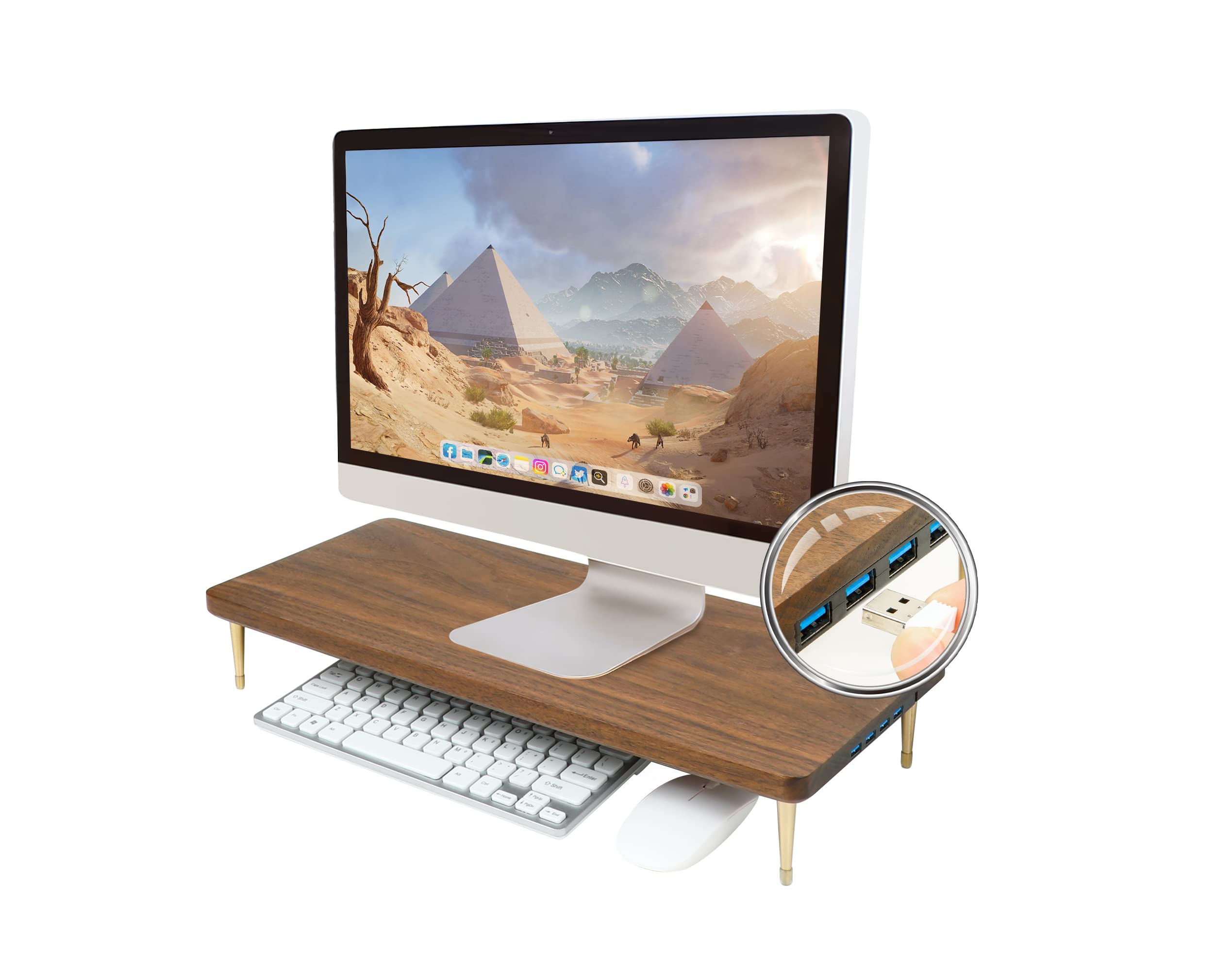 Walnut Wood Monitor Stand with 4 USB Ports - Ergonomic Riser for iMac, Laptop & Computer Screens to Reduce Eye Strain & Improve Posture | Perfect for Home Office & Workspace Setup