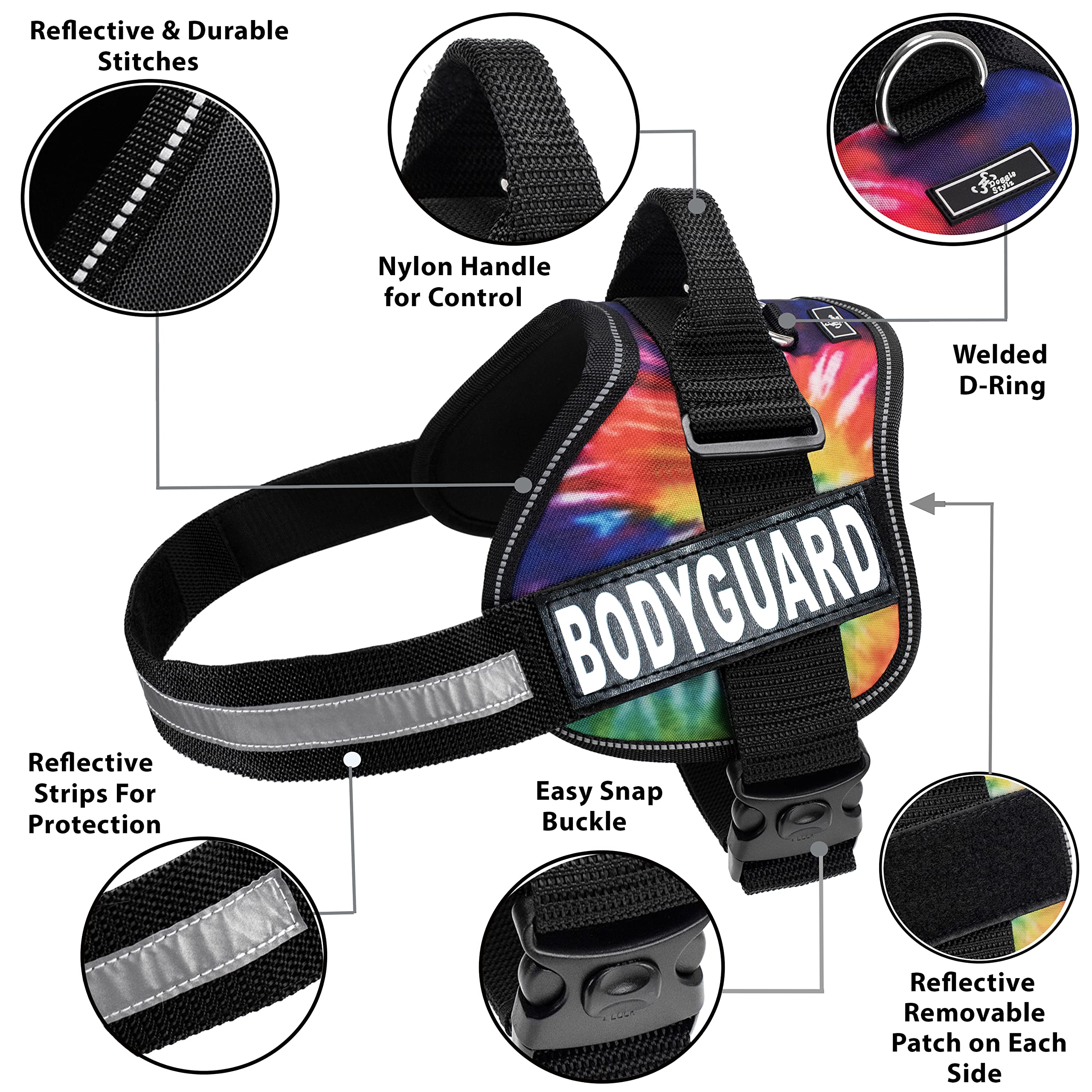 Body Guard Service Dog Vest Harness with Removable Patches - 2 Reflective Patches Included (Tie Dye, Girth 30-42